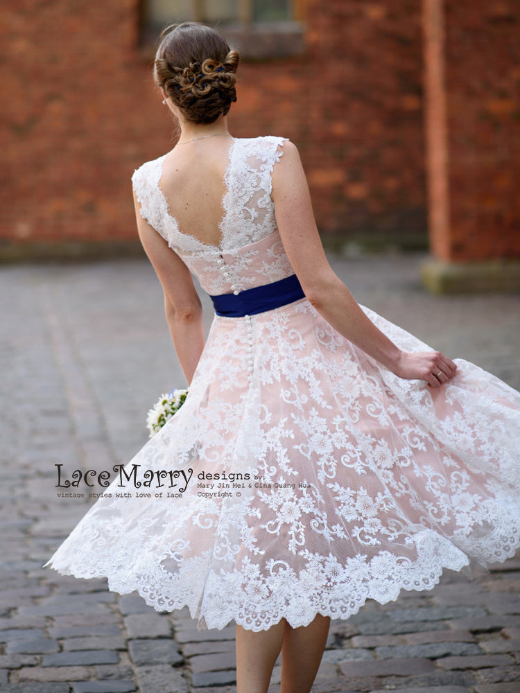 Short Blush Wedding Dress from Alencon Lace with Knee Length