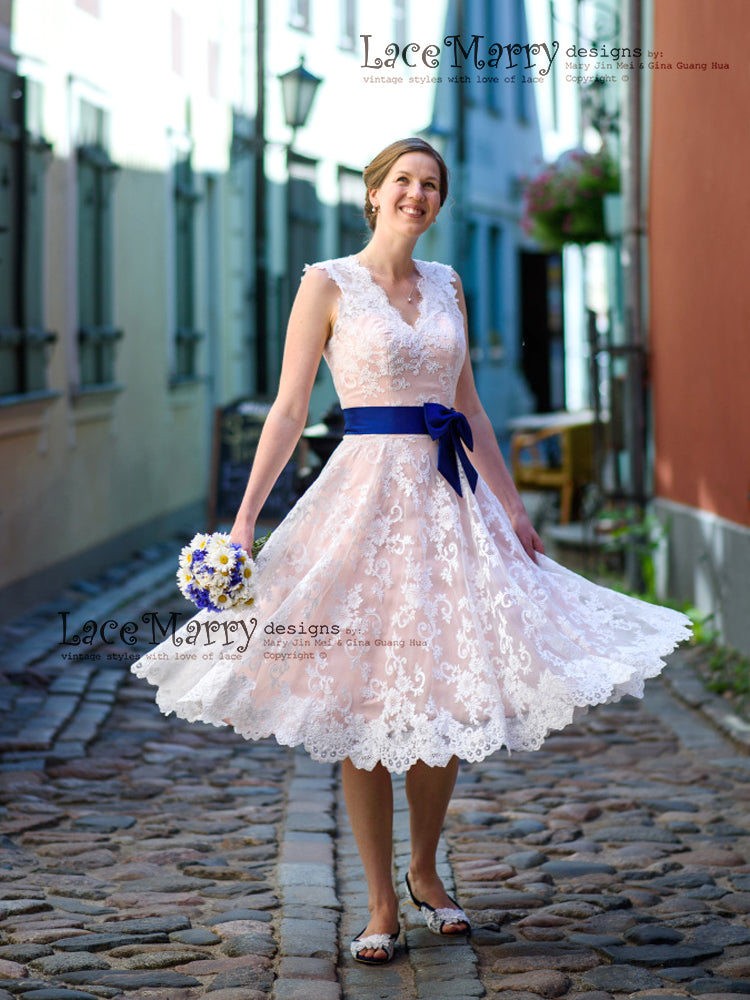 Short Blush Wedding Dress from Alencon Lace with Knee Length