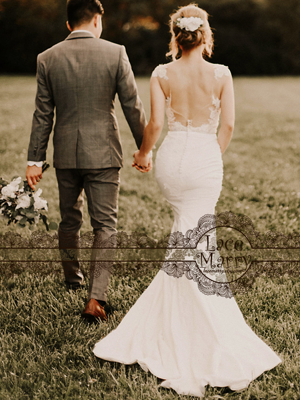 Fitted Boho Wedding Dress with Semi-Transparent Top from Lace Appliqu - LaceMarry Fitted Boho Wedding Dress with Semi-Transparent Top from Lace Appliqu - LaceMarry