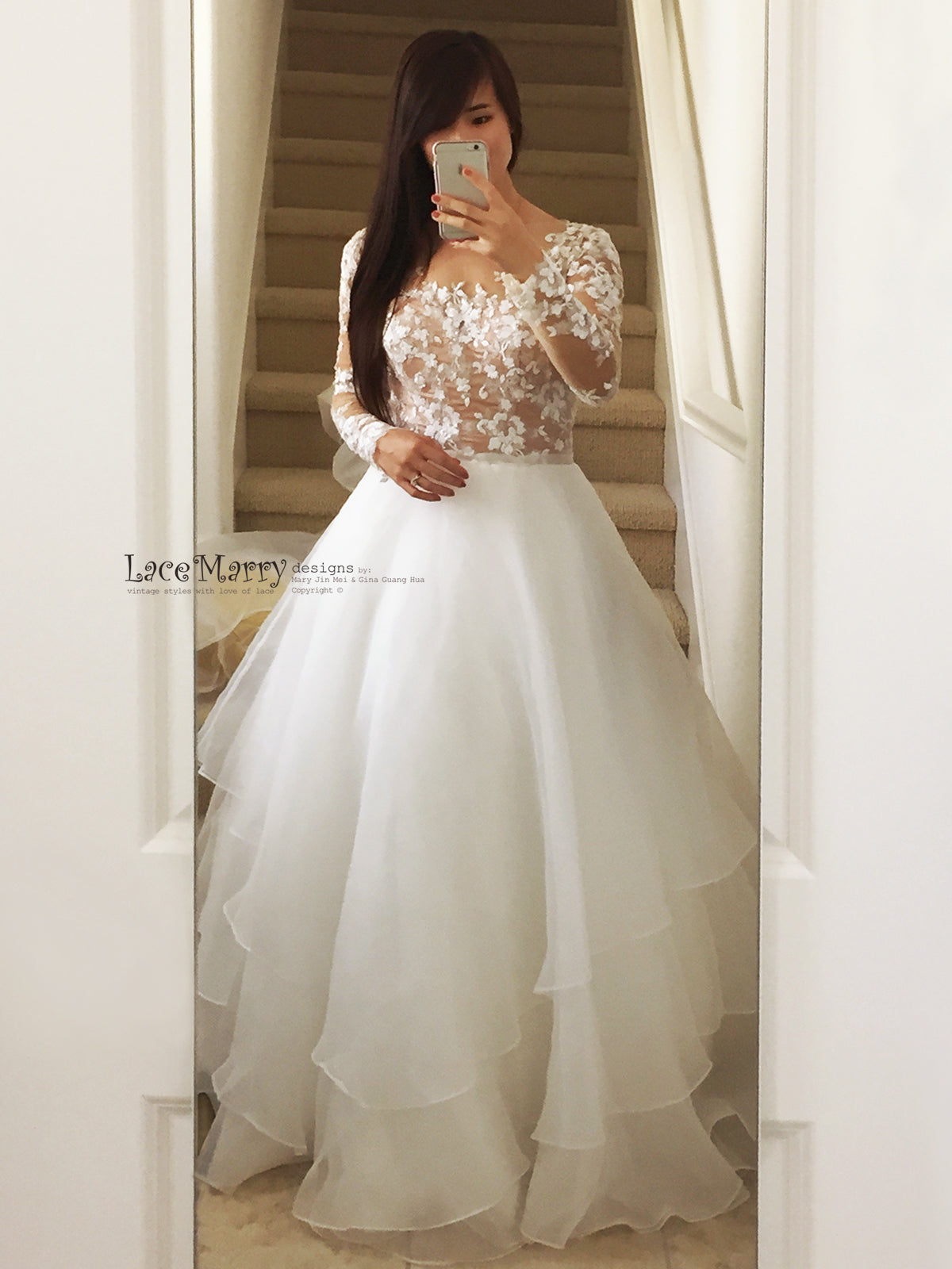 Exclusive Beaded Wedding Dress with Illusion Nude Top, Long Sleeves - LaceMarry Exclusive Beaded Wedding Dress with Illusion Nude Top, Long Sleeves - LaceMarry