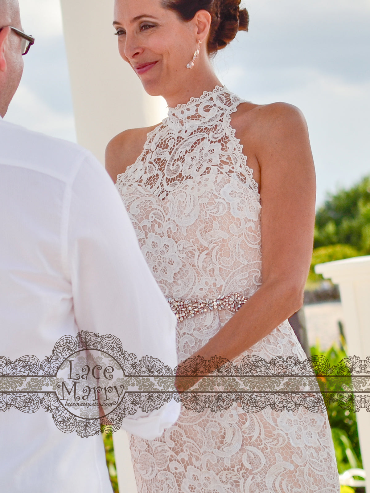 Guipure Lace Wedding Dress with Halter Collar
