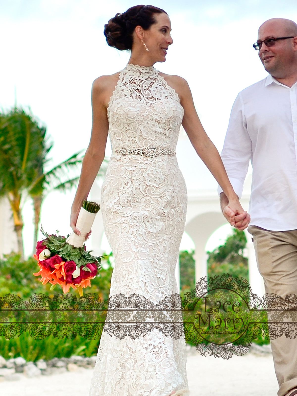 Halter Collar Neckline Lace Wedding Dress