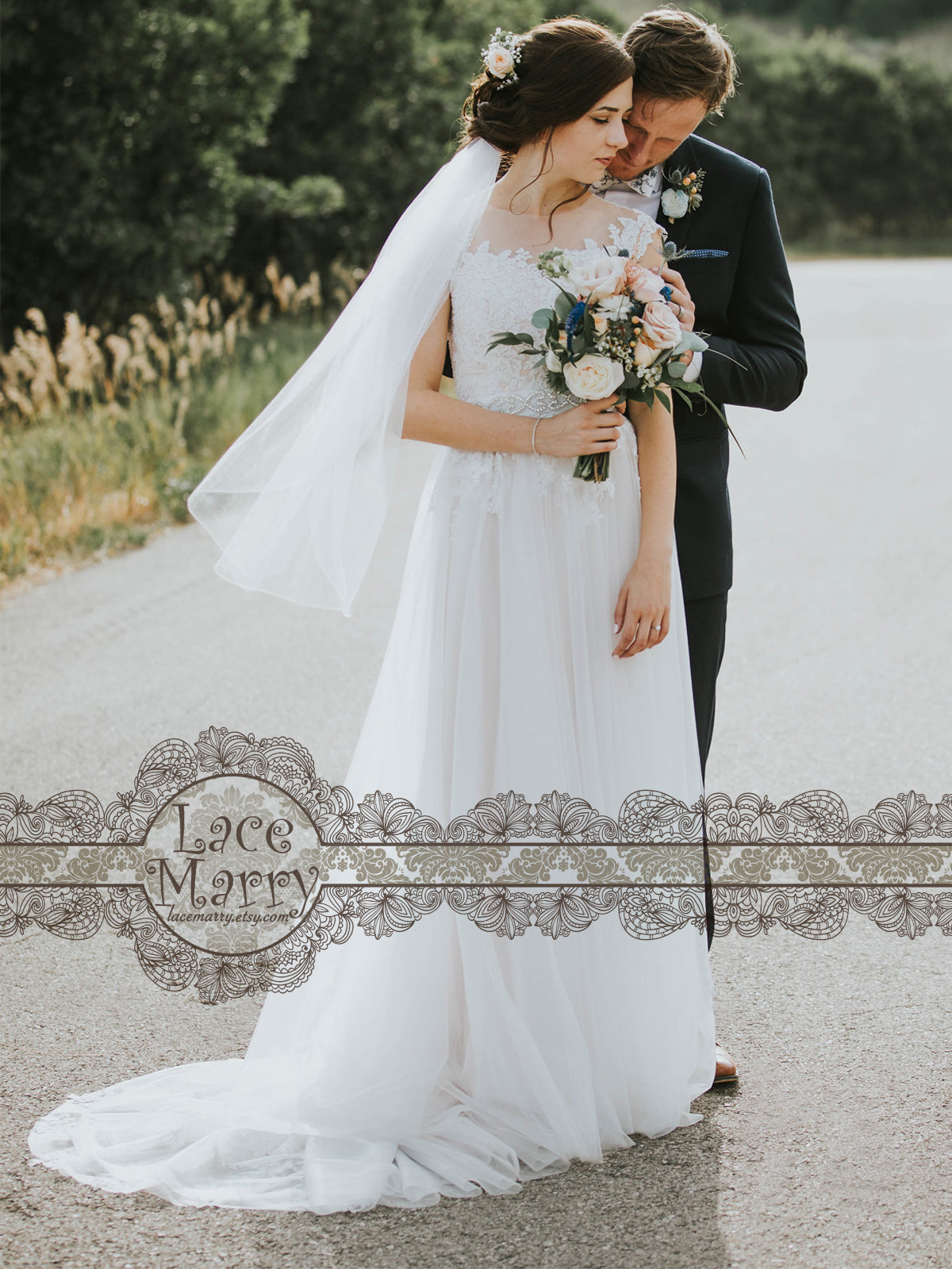 Bohemian Summer Wedding Dress with Airy Tulle Skirt, Rose Appliqués