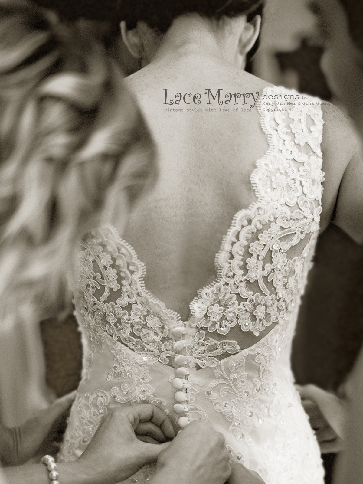 Wedding Dress with Scalloped V Cut Back and Buttons