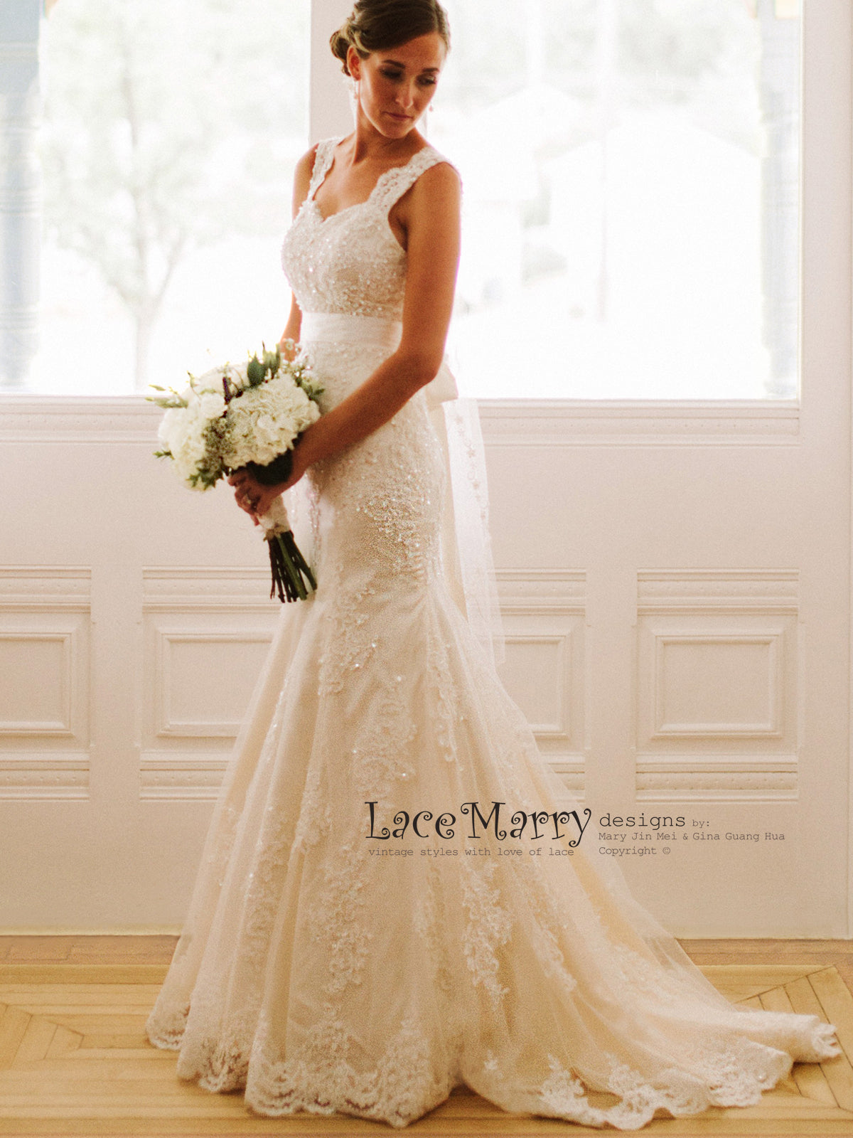 Beaded Lace Wedding Dress in Fit and Flare Shape with Sweetheart Neck