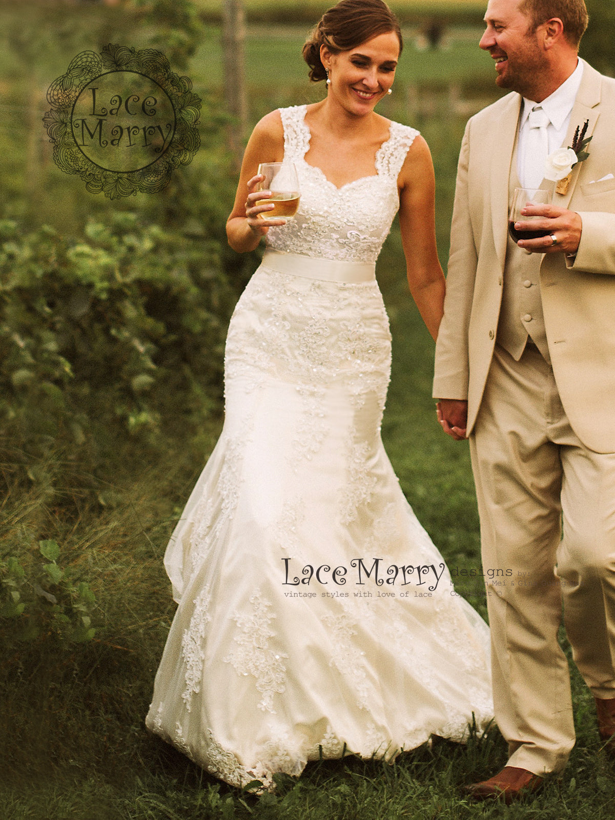 Lace Wedding Dress with Beading and Chapel Train