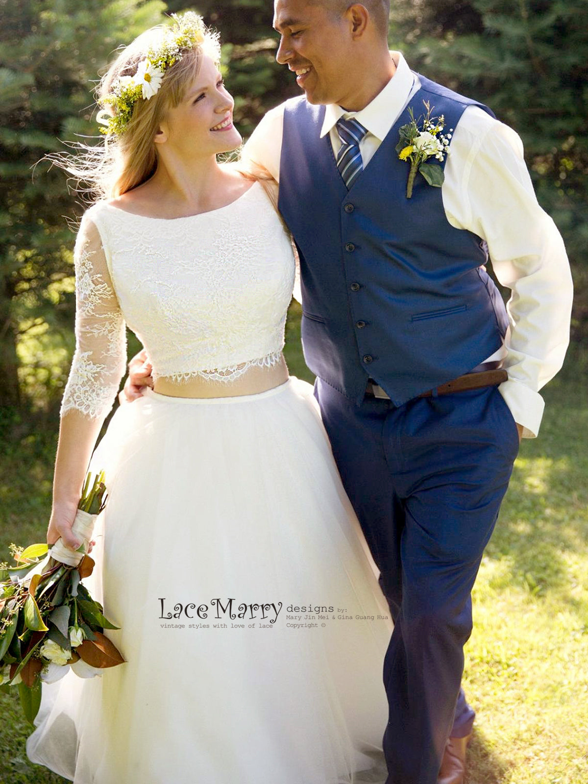 Two Piece Wedding Dress Set - Crop Top with Round Neckline -
