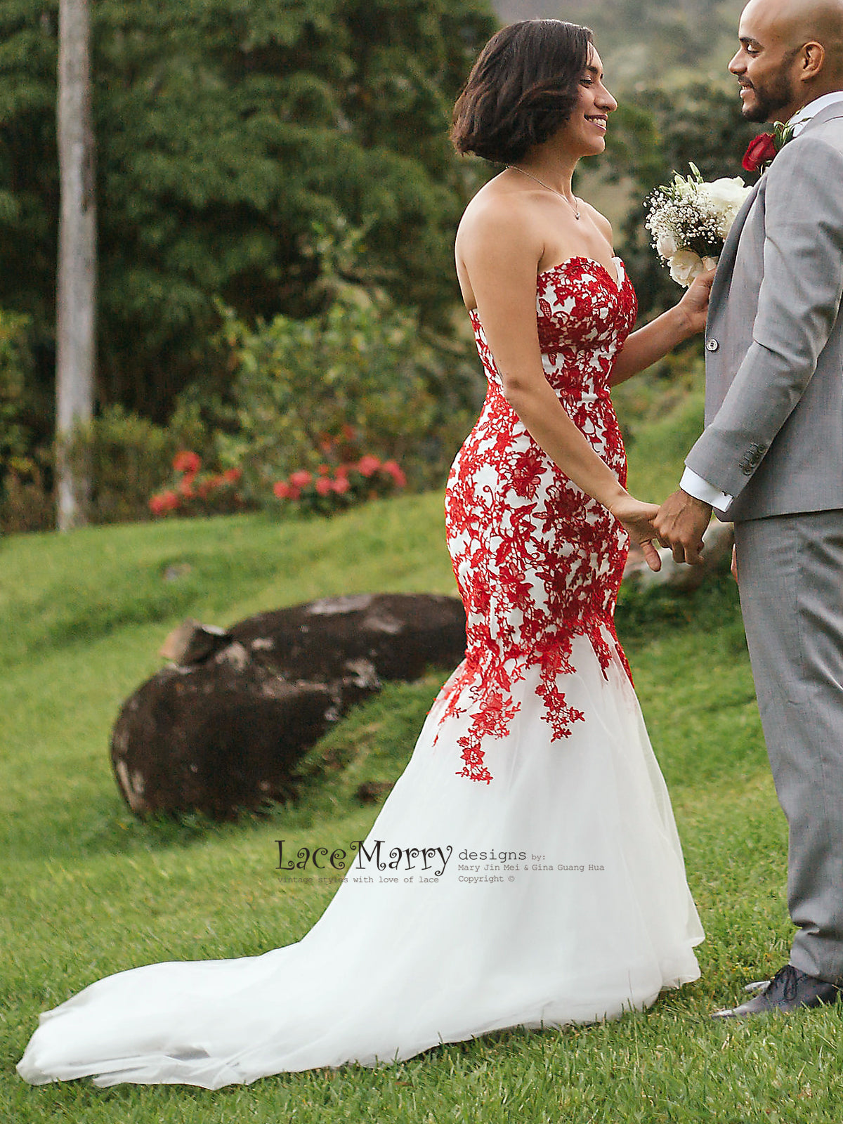 Red Lace Wedding Dress with Ivory Tulle, Strapless Sweetheart Neckline
