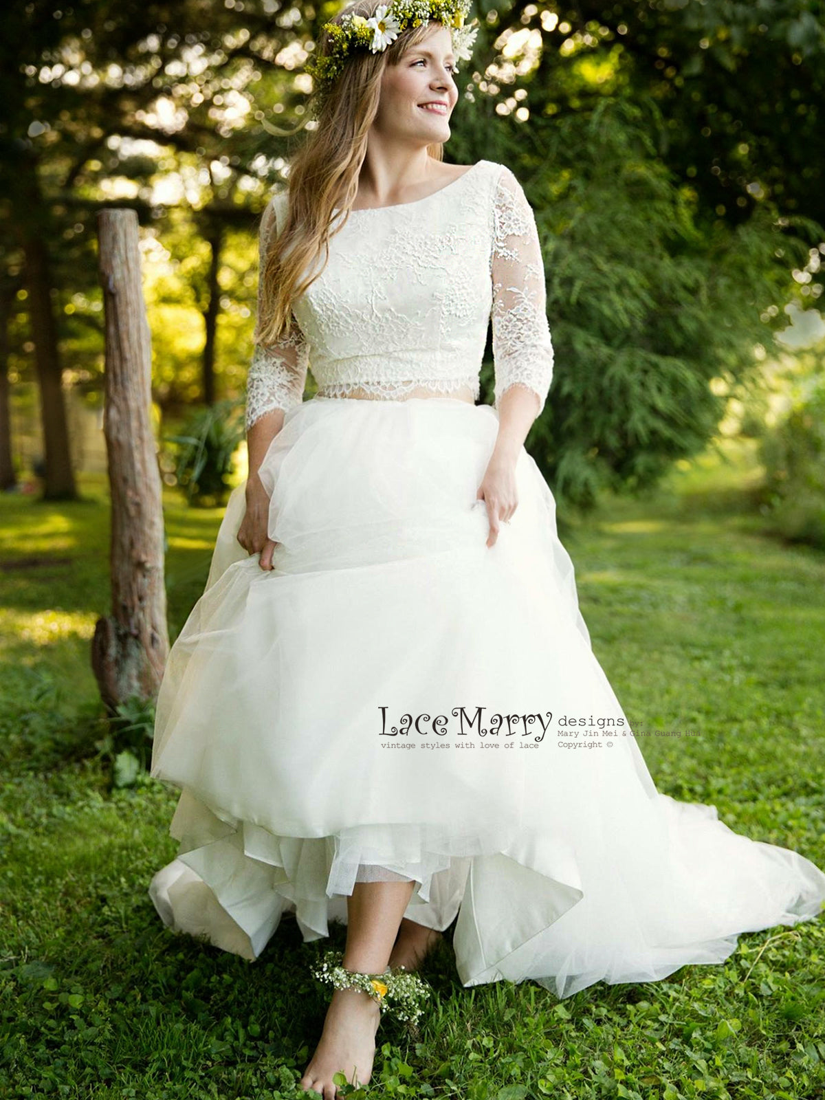 Two Piece Lace Wedding Dress with Long Lace Sleeves and Multiple Layer Skirt