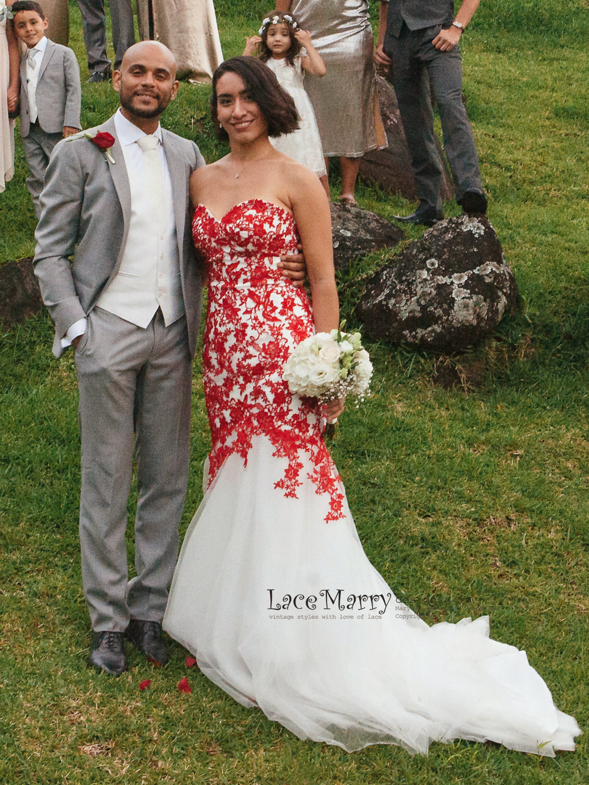 Red Lace Wedding Dress with Ivory Tulle, Strapless Sweetheart Neckline