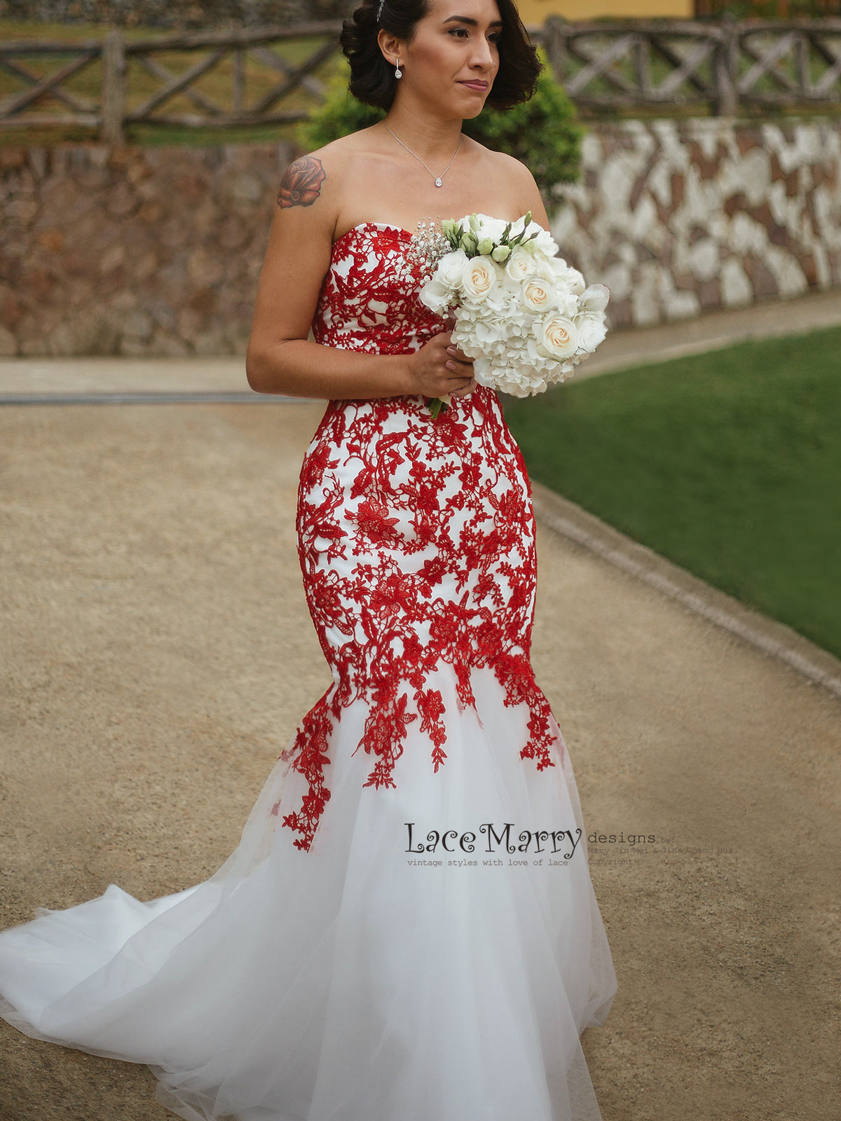 Red Lace Wedding Dress with Ivory Tulle, Strapless Sweetheart Neckline -  LaceMarry