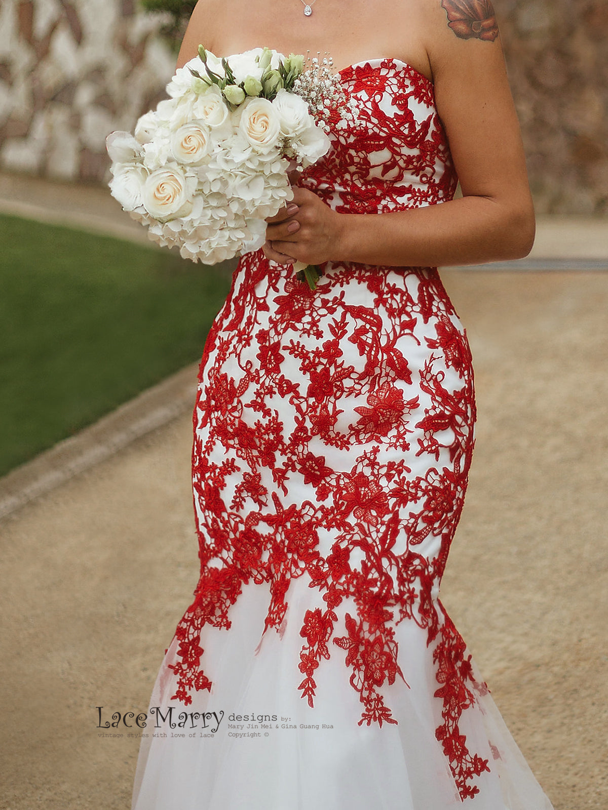 Red Lace Wedding Dress with Ivory Tulle, Strapless Sweetheart Neckline - LaceMarry Red Lace Wedding Dress with Ivory Tulle, Strapless Sweetheart Neckline - LaceMarry