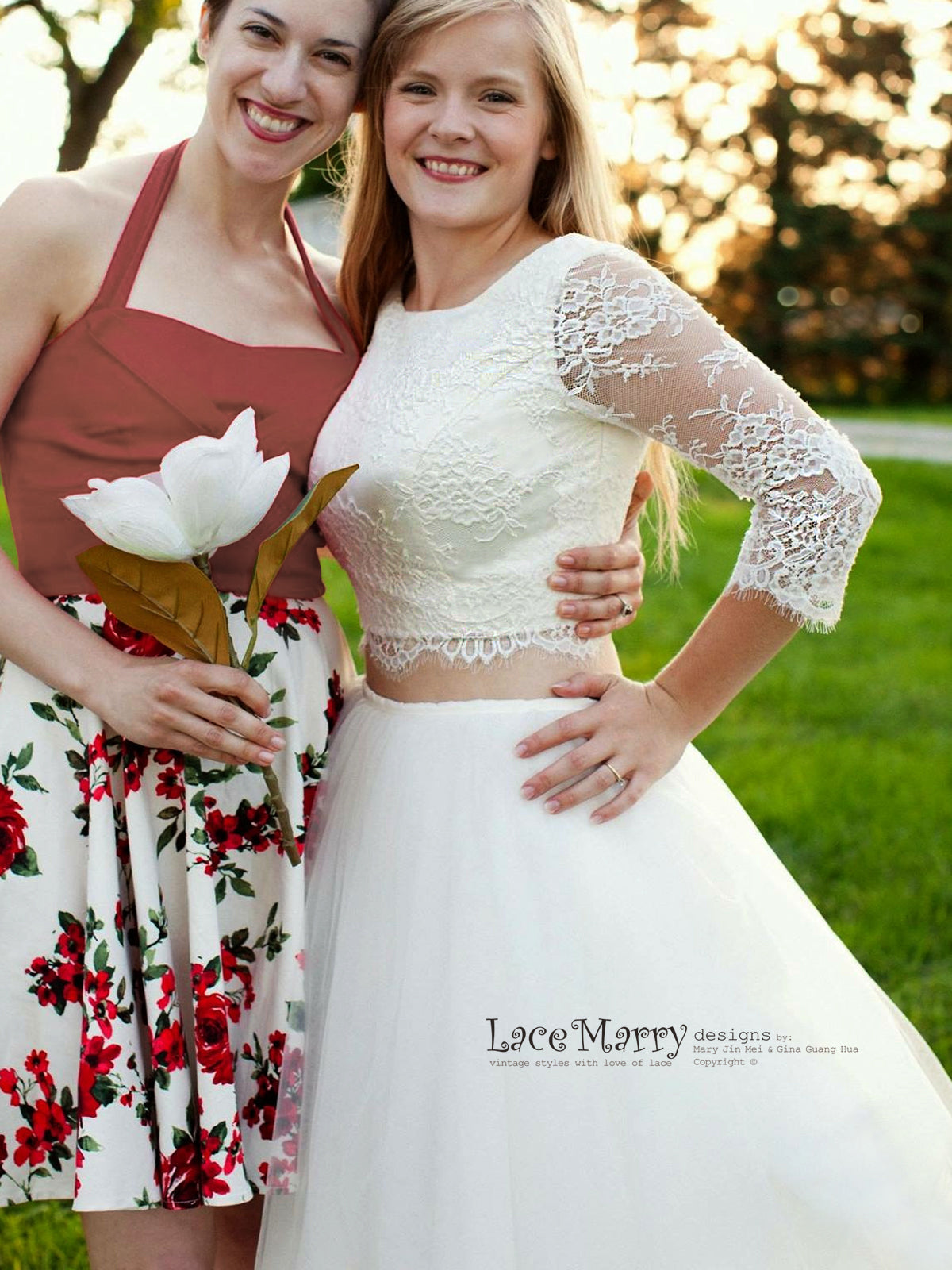 Lace Crop Top with Round Neckline Wedding Dress