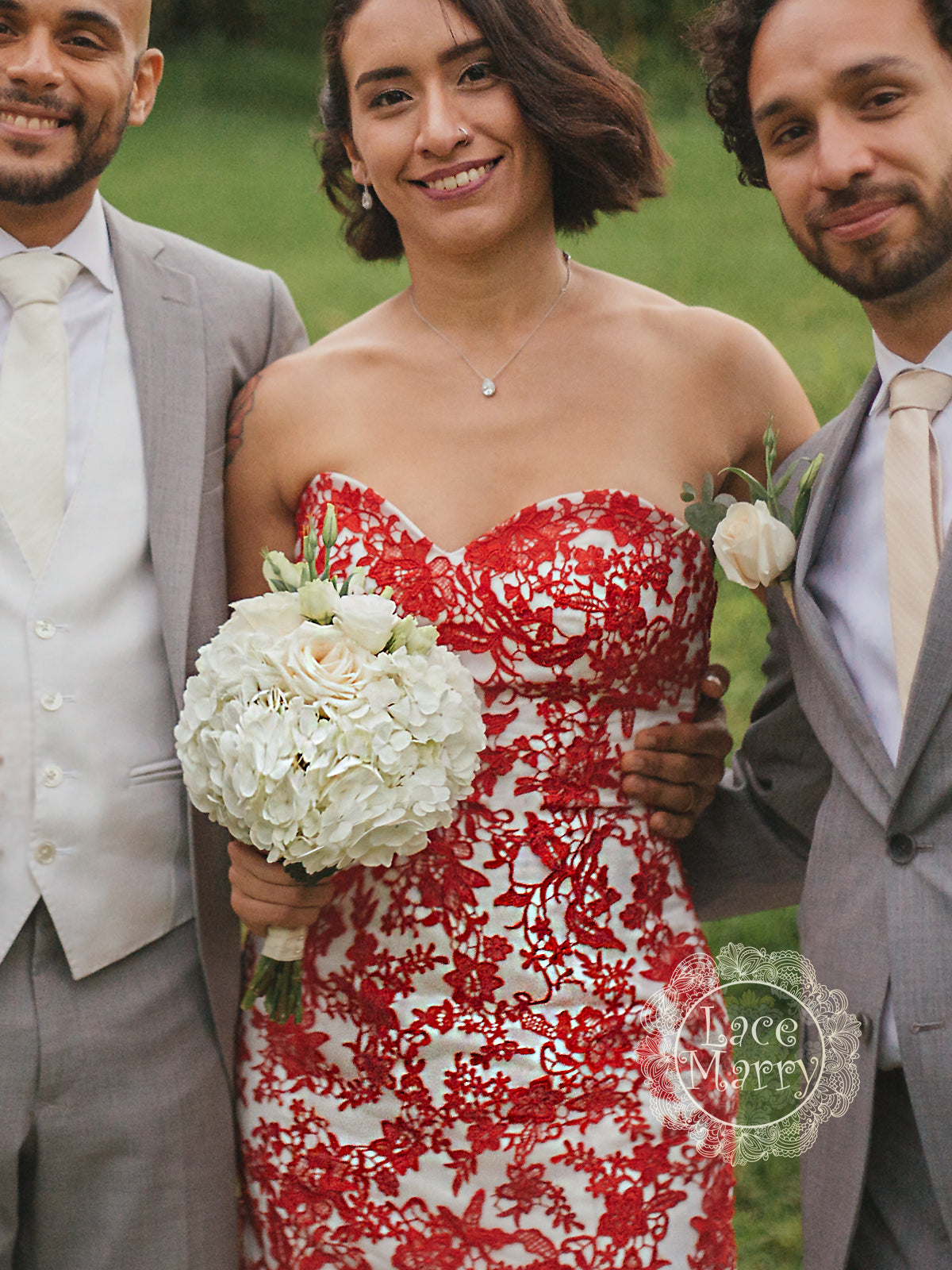 Red Lace Wedding Dress with Ivory Tulle, Strapless Sweetheart