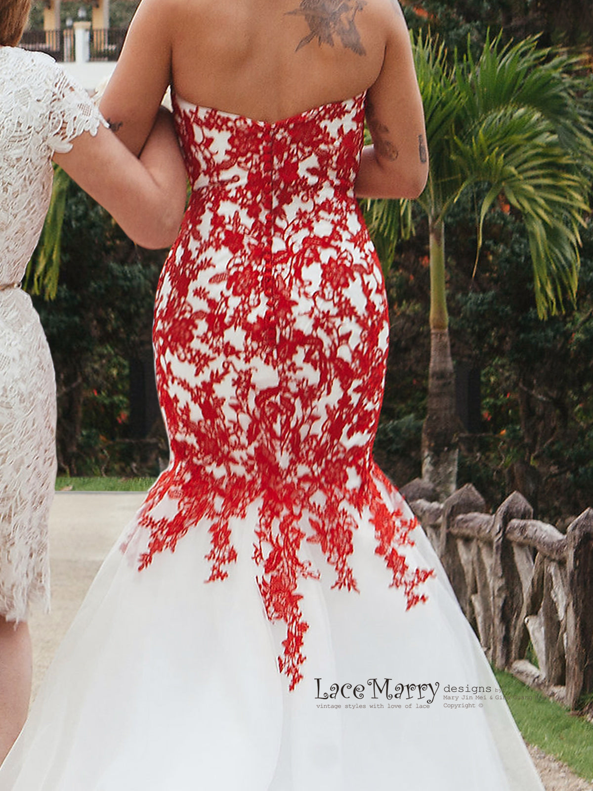 Red Lace Wedding Dress with Ivory Tulle, Strapless Sweetheart Neckline