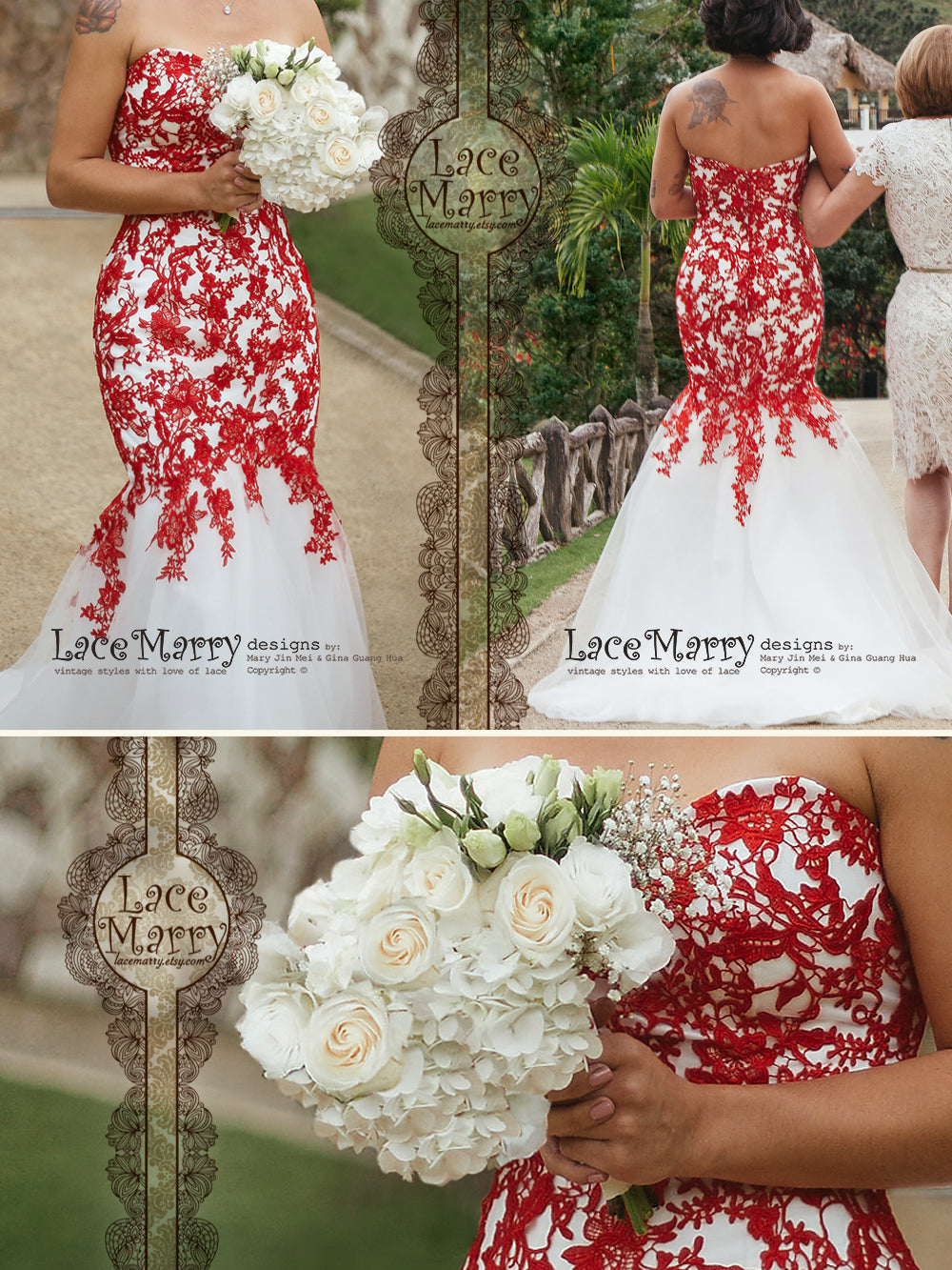 Red Lace Wedding Dress with Ivory Tulle, Strapless Sweetheart Neckline - LaceMarry Red Lace Wedding Dress with Ivory Tulle, Strapless Sweetheart Neckline - LaceMarry