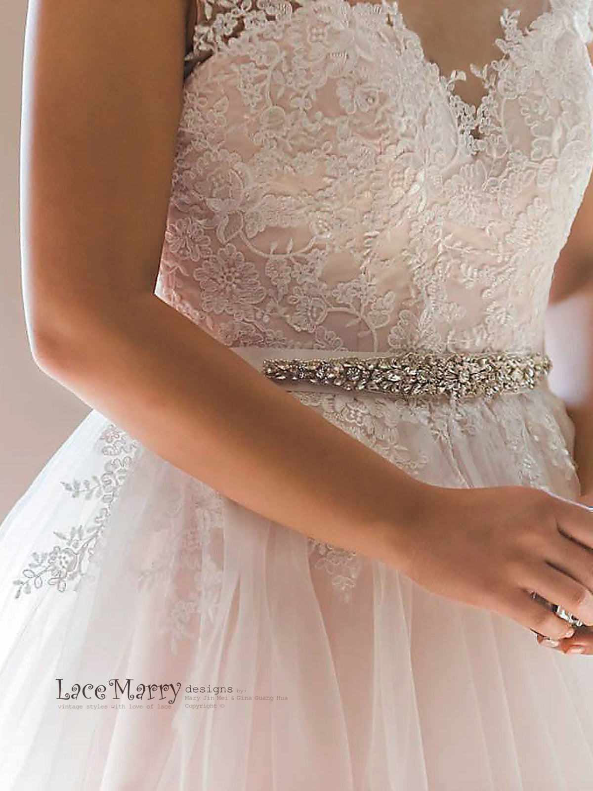 Blush Satin and Soft Lace Applique Boho Wedding Dress