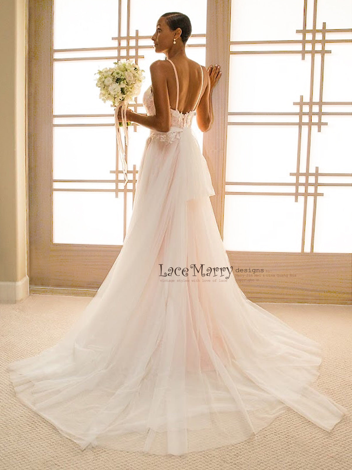 Rose Gold Beach Wedding Dress from Lace and Soft Tulle