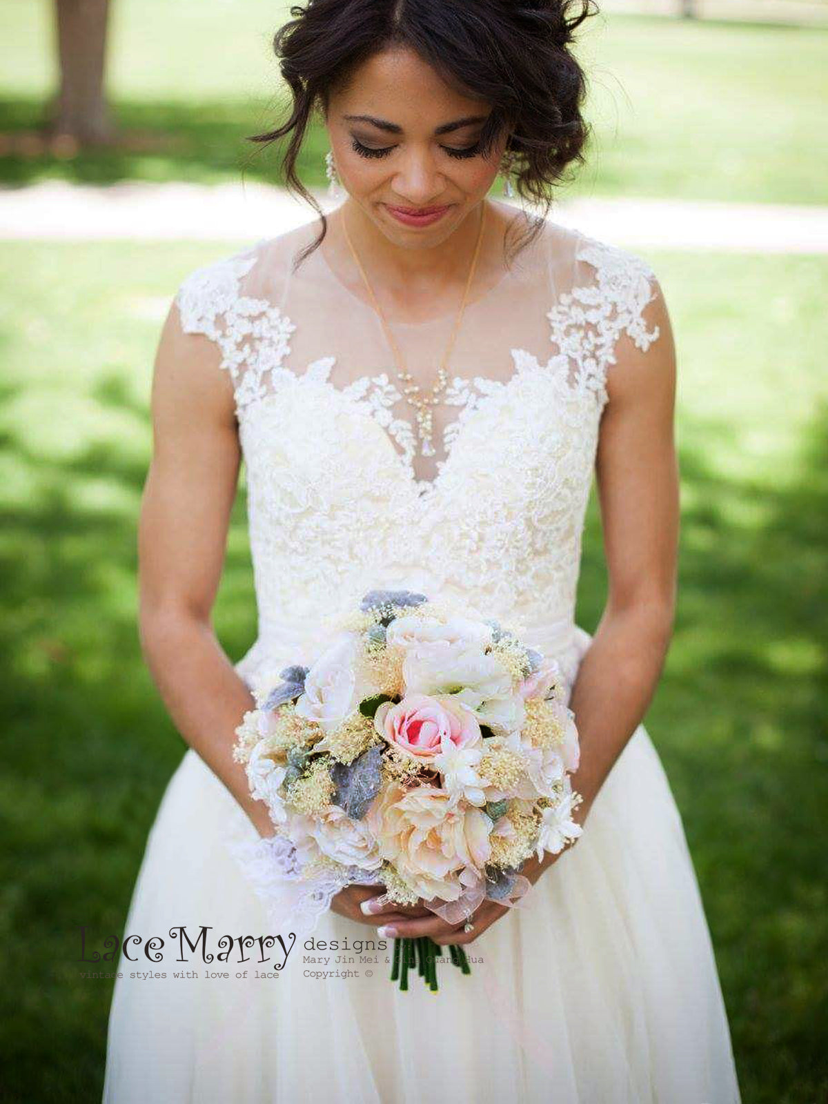 Boho Lace Wedding Dress from Airy Tulle, Cream Champagne Silk Satin - LaceMarry Boho Lace Wedding Dress from Airy Tulle, Cream Champagne Silk Satin - LaceMarry