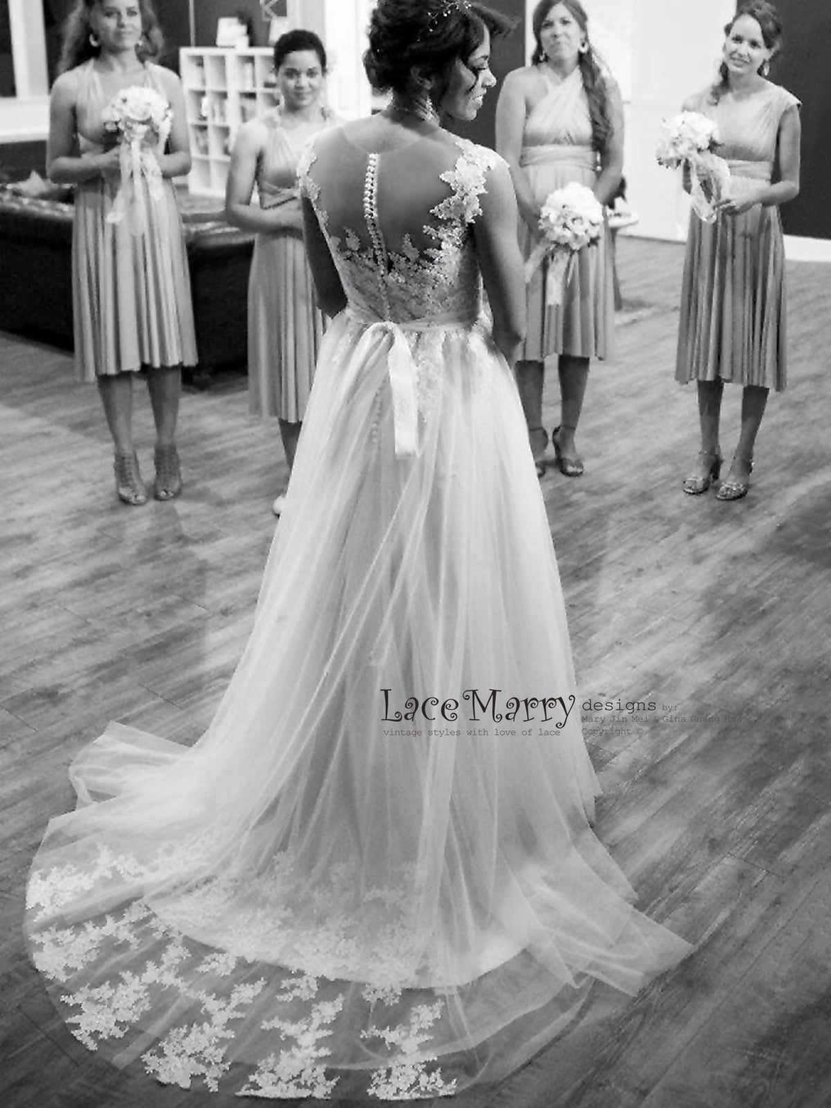 Boho Wedding Dress with Buttons on Back and Train