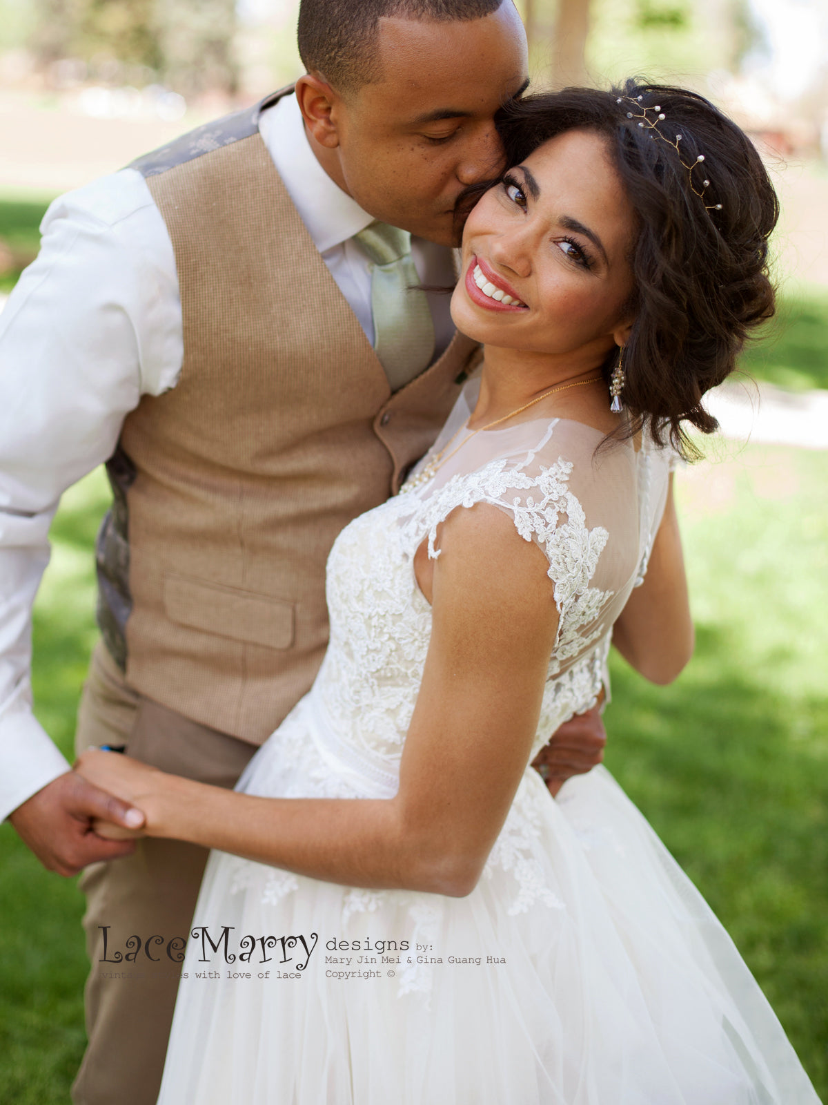 Cream Champagne Silk Satin and Floral Applique Wedding Dress