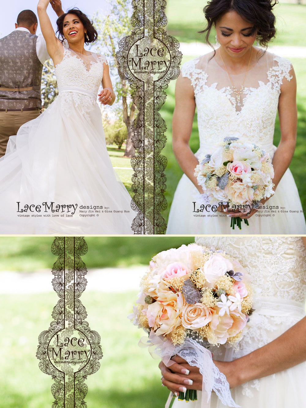 Boho Lace Wedding Dress in Cream Champagne Color
