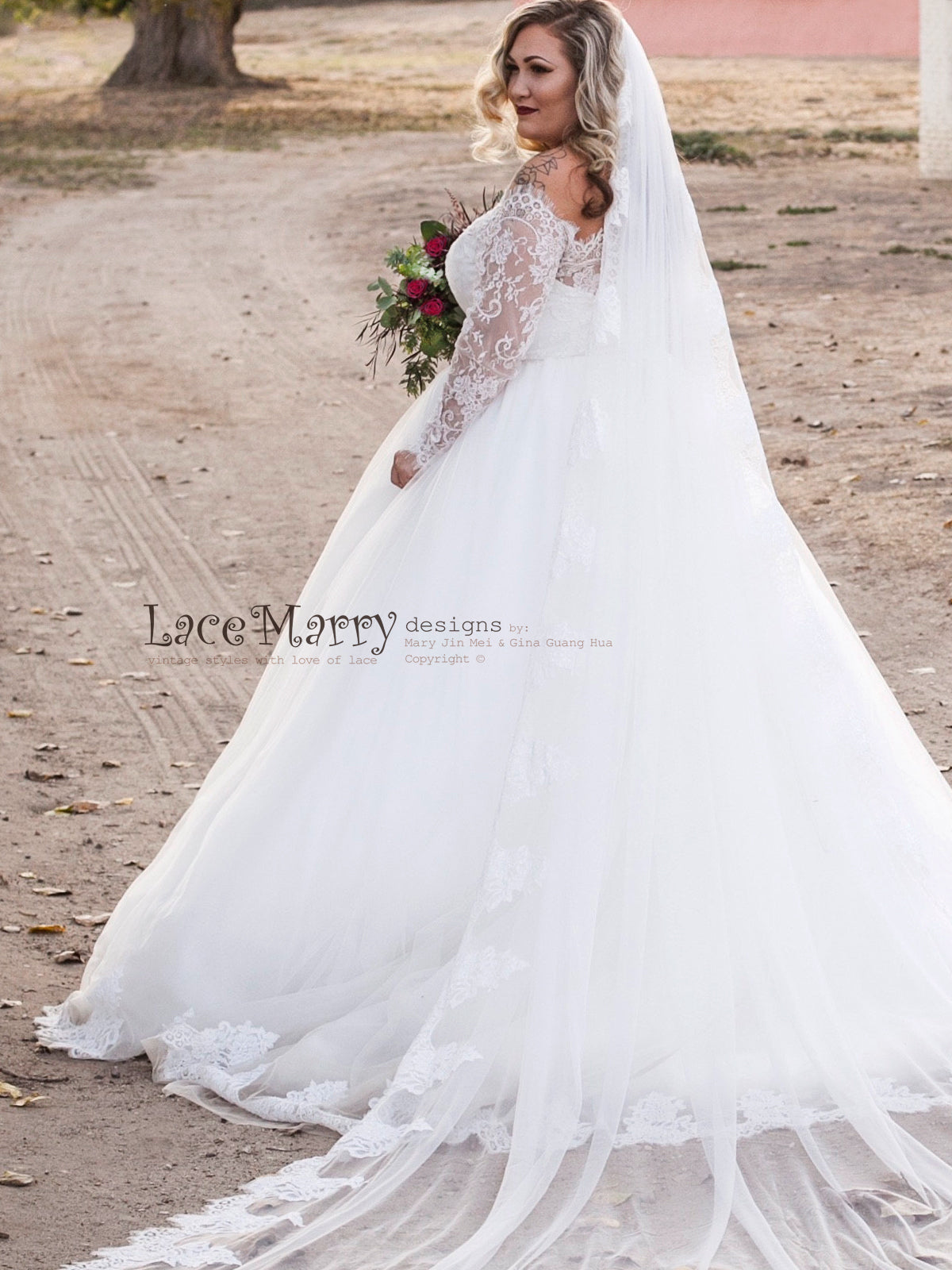 Off Shoulder Wedding Dress with Princess Tulle Skirt, Illusion Neck - LaceMarry Off Shoulder Wedding Dress with Princess Tulle Skirt, Illusion Neck - LaceMarry
