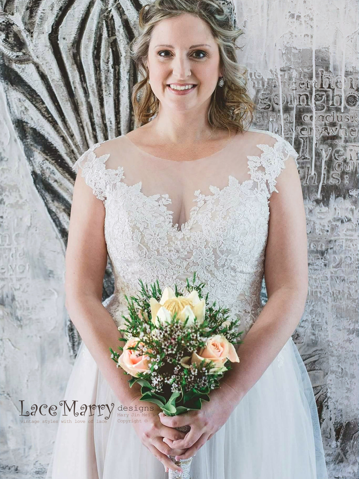 Bohemian Wedding Dress with Illusion Neckline