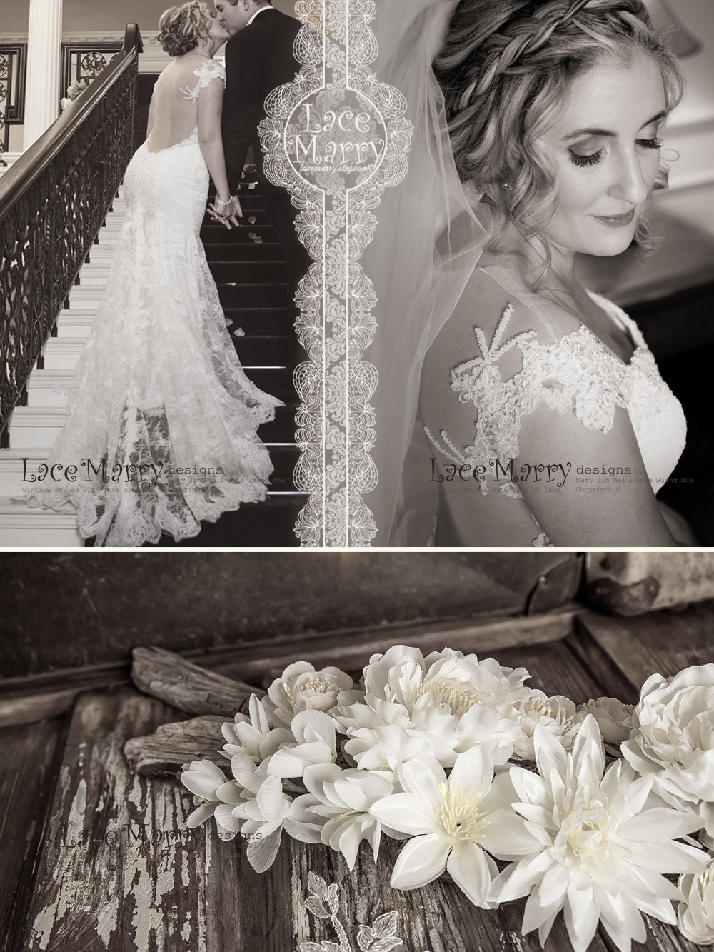 Exclusive Lace Wedding Dress with Deep Open Back and  Handmade Beading