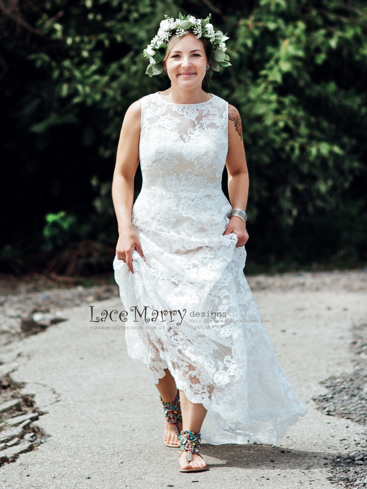 Column Lace Wedding Dress with Champagne Satin and Ivory Floral Lace - LaceMarry Column Lace Wedding Dress with Champagne Satin and Ivory Floral Lace - LaceMarry