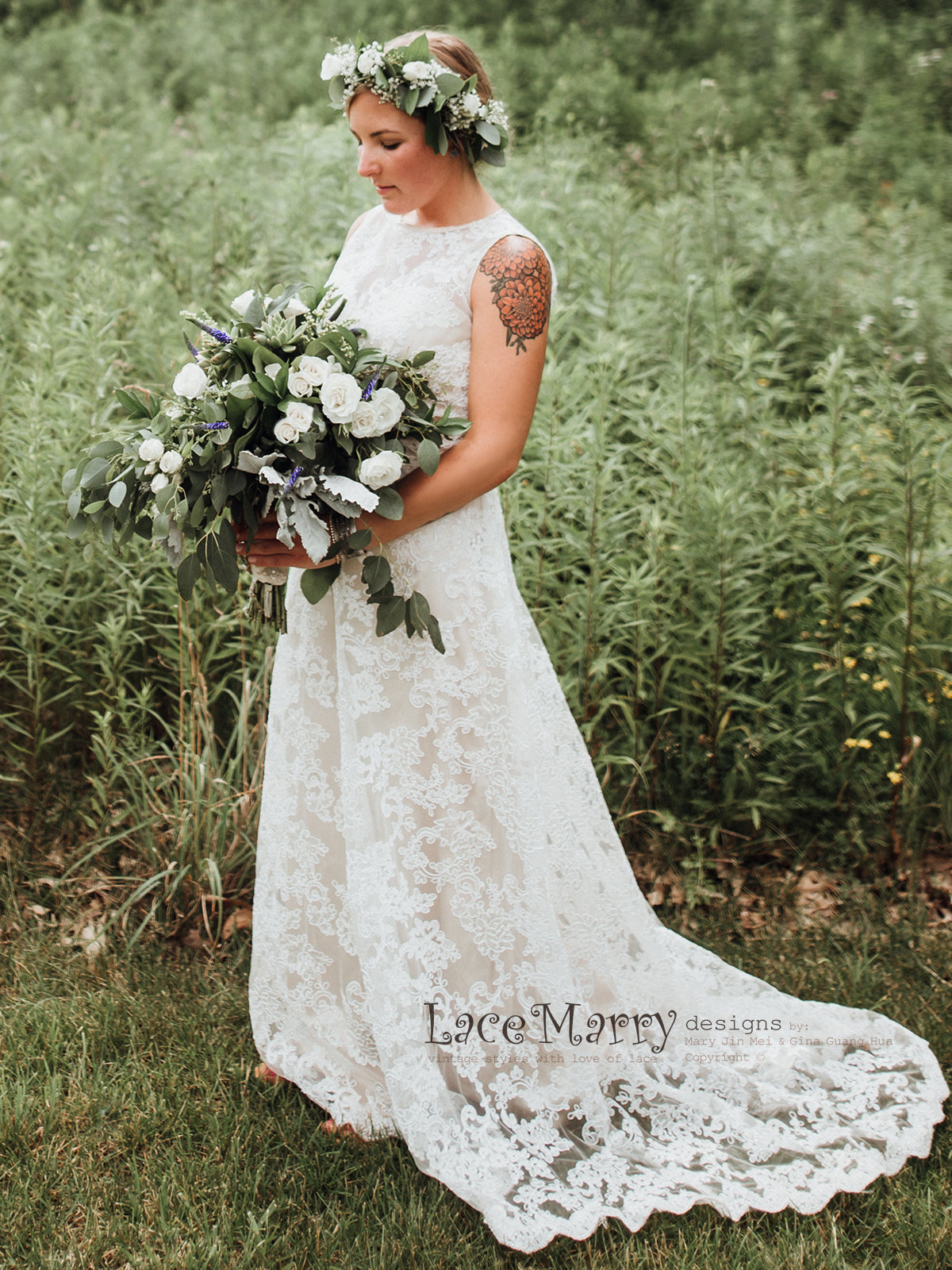 Column Lace Wedding Dress with Champagne Satin and Ivory Floral Lace