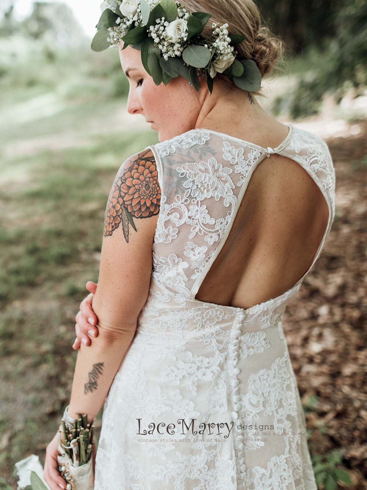 Open Back Lace Wedding Dress with Champagne Satin