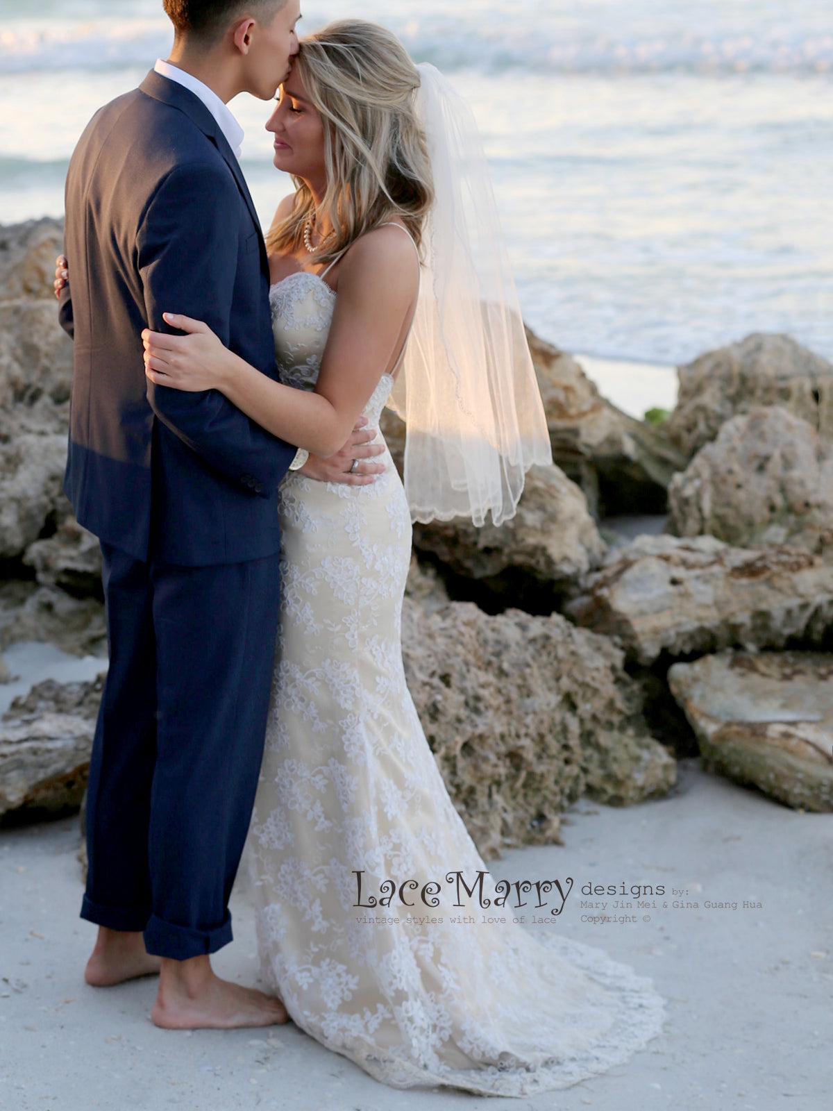 Ivory Lace and Champagne Silky Satin Wedding Dress