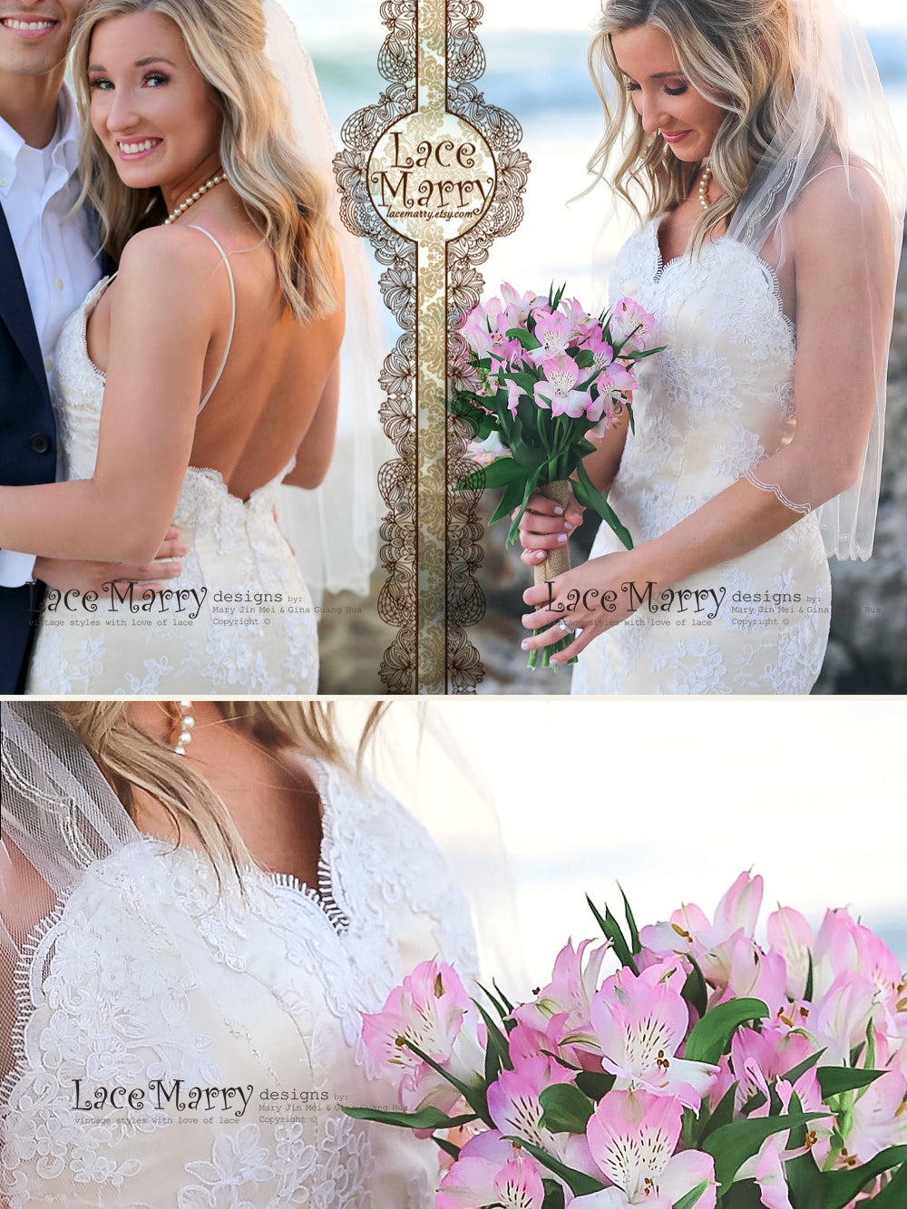 Sexy Beach Wedding Dress from Ivory Lace and Champagne Silky