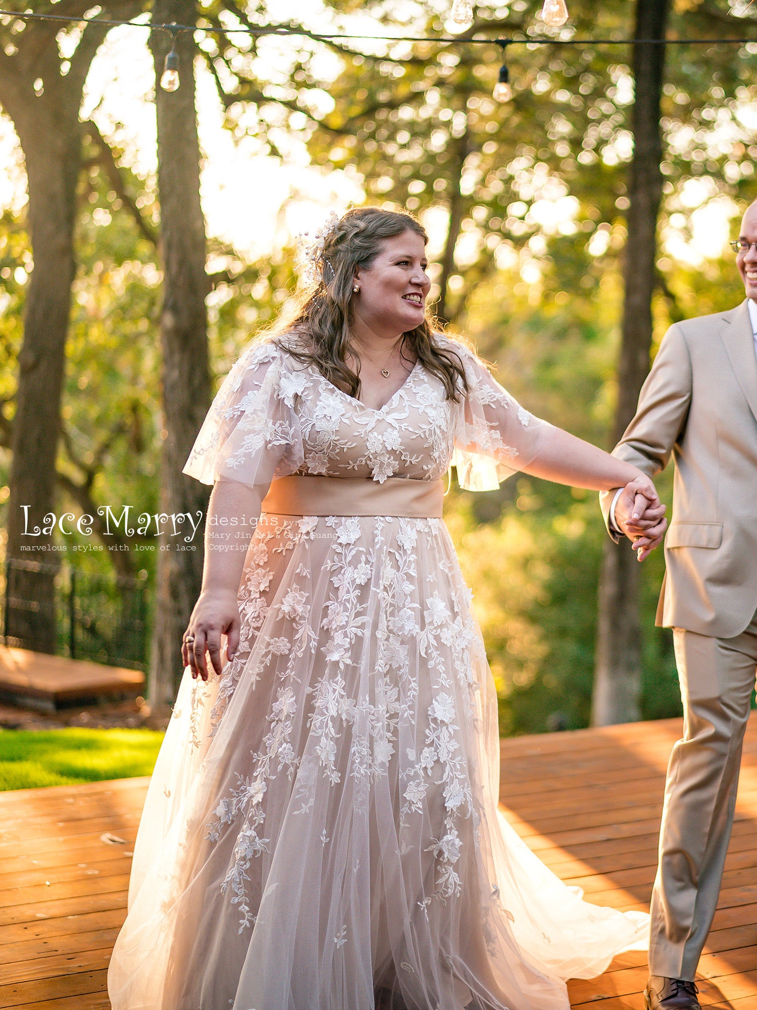 Boho Wedding Dress with Flutter Sleeves and Champagne Gold Underlay