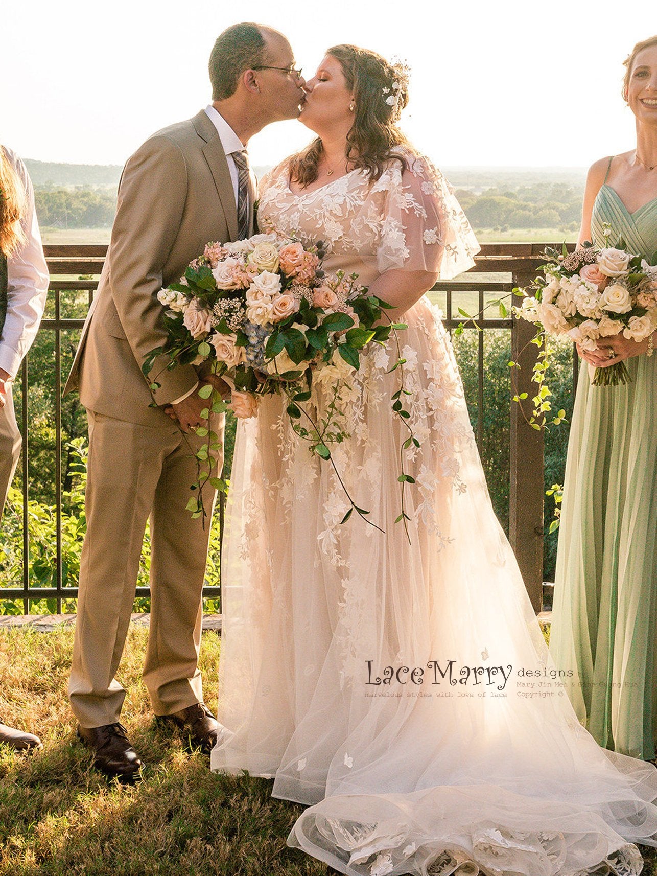 Boho Wedding Dress with Flutter Sleeves and Champagne Gold Underlay LaceMarry