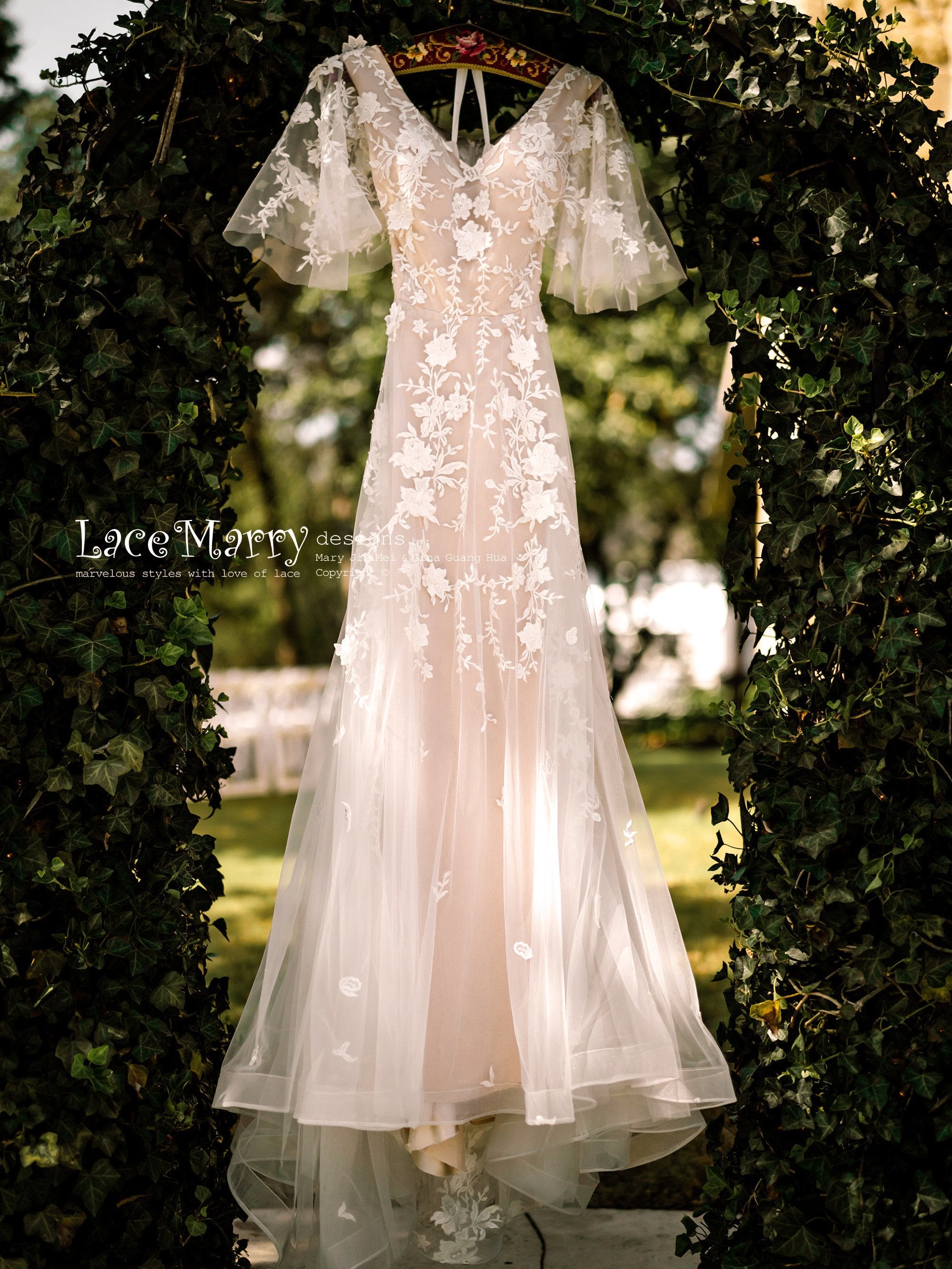 Boho Wedding Dress with Flutter Sleeves and Champagne Gold Underlay - LaceMarry Boho Wedding Dress with Flutter Sleeves and Champagne Gold Underlay - LaceMarry