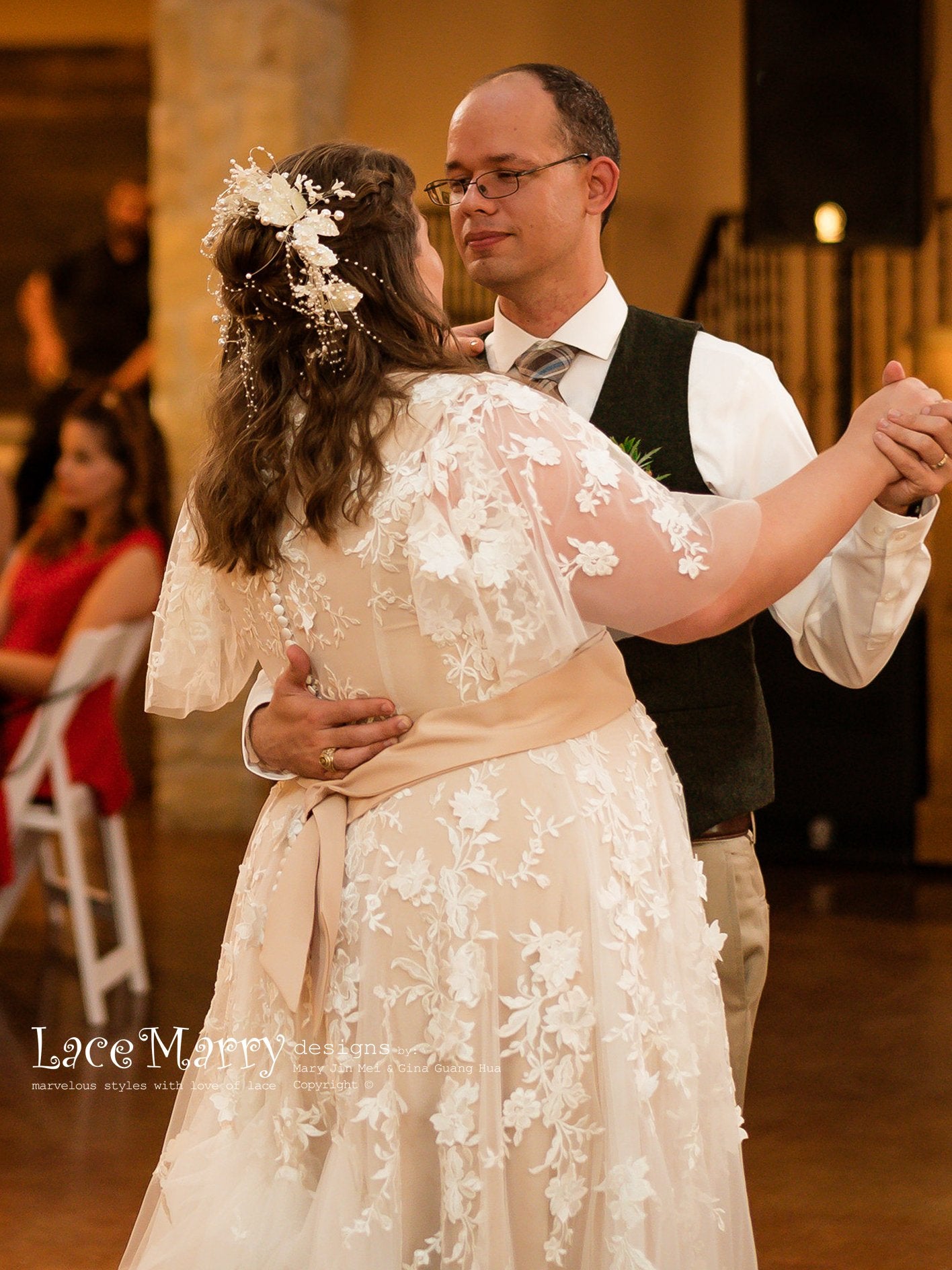 Boho Wedding Dress with Flutter Sleeves and Champagne Gold