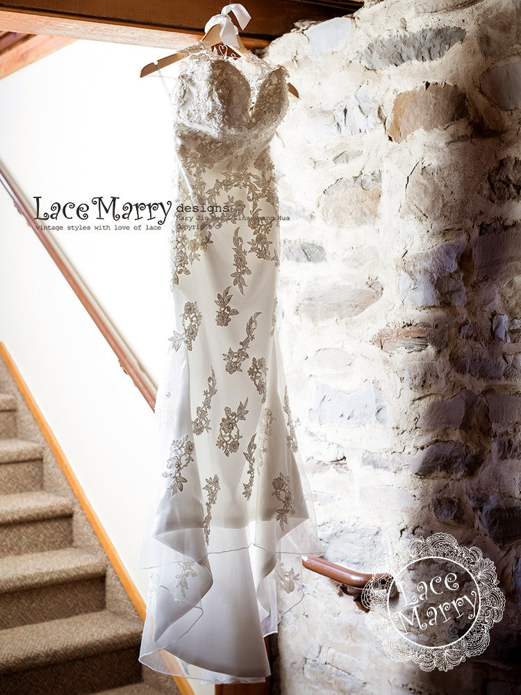 Summer Wedding Dress with Scattered Lacy Flower Appliques