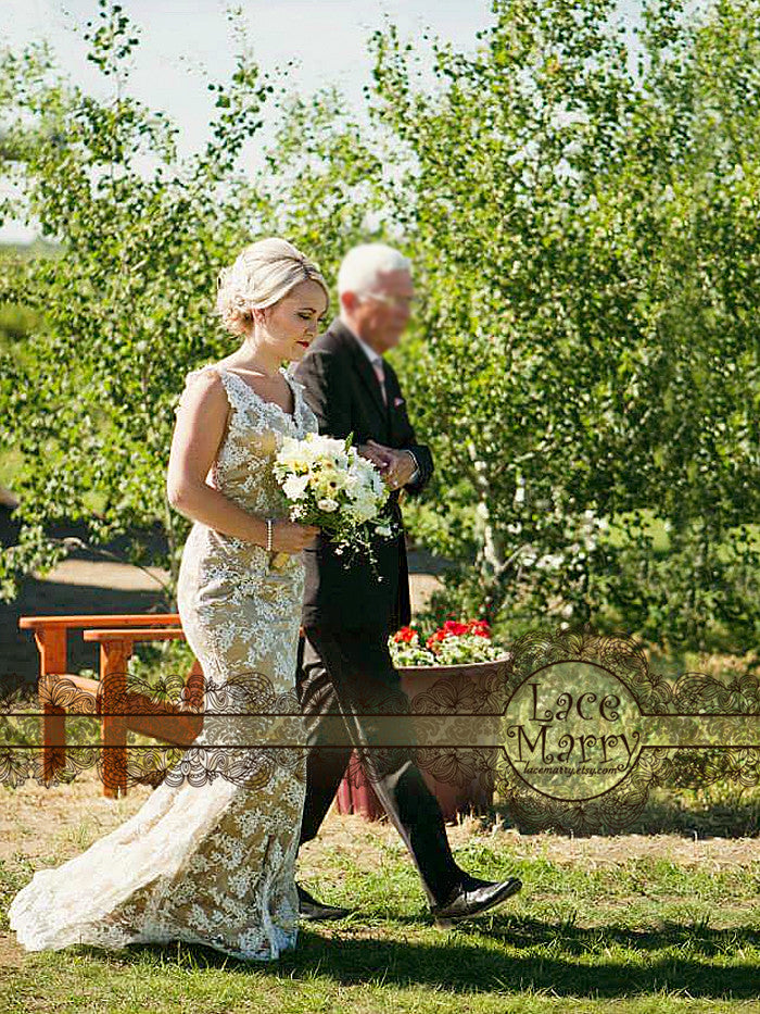 Extraordinary Champagne Wedding Dress with Chantilly Lace - LaceMarry Extraordinary Champagne Wedding Dress with Chantilly Lace - LaceMarry