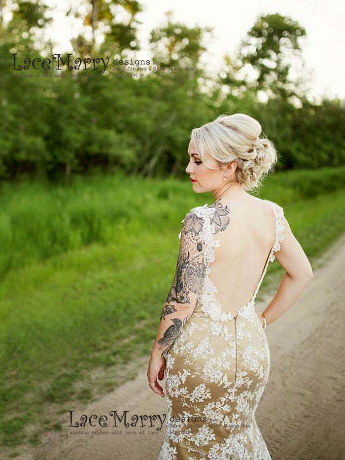 Extraordinary Champagne Wedding Dress with Chantilly Lace LaceMarry