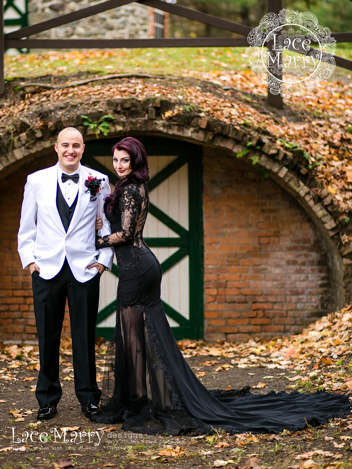 Black Lace Wedding Dress with Sexy Sheer Open Back and Long Sleeves