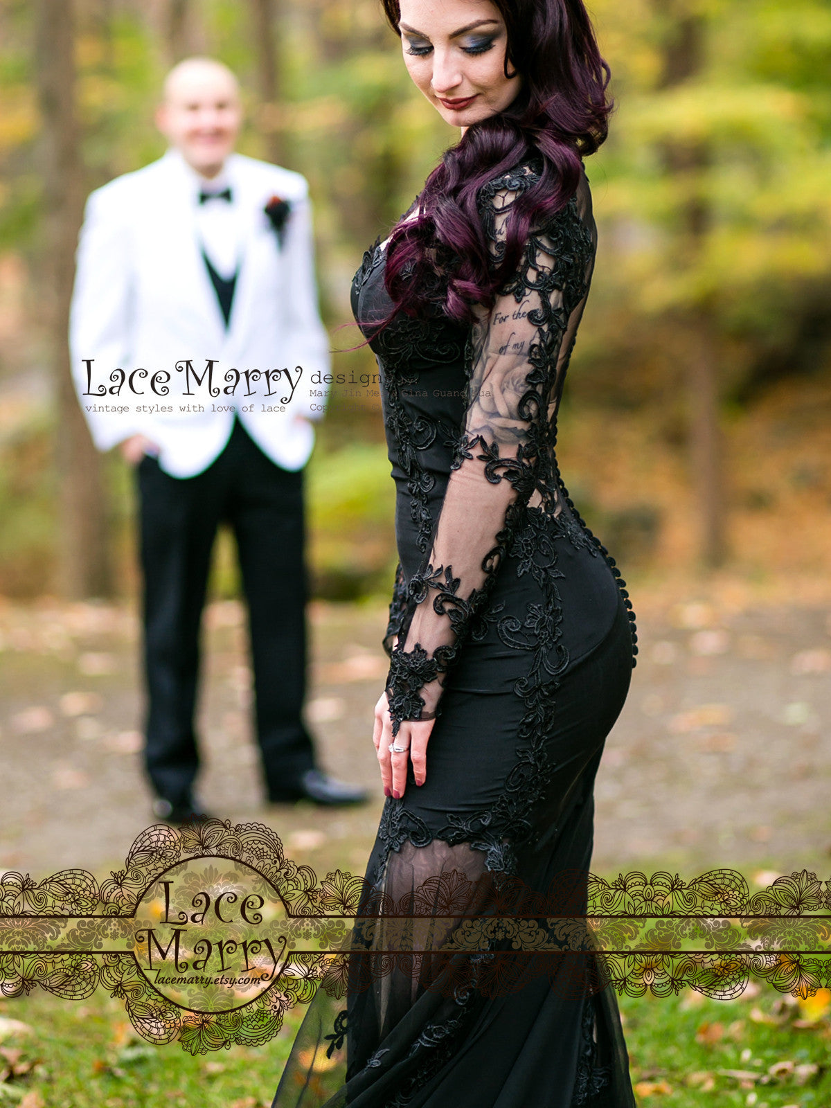 Round Neck Black Floral Lace Long Prom Dresses, Black Lace Floral