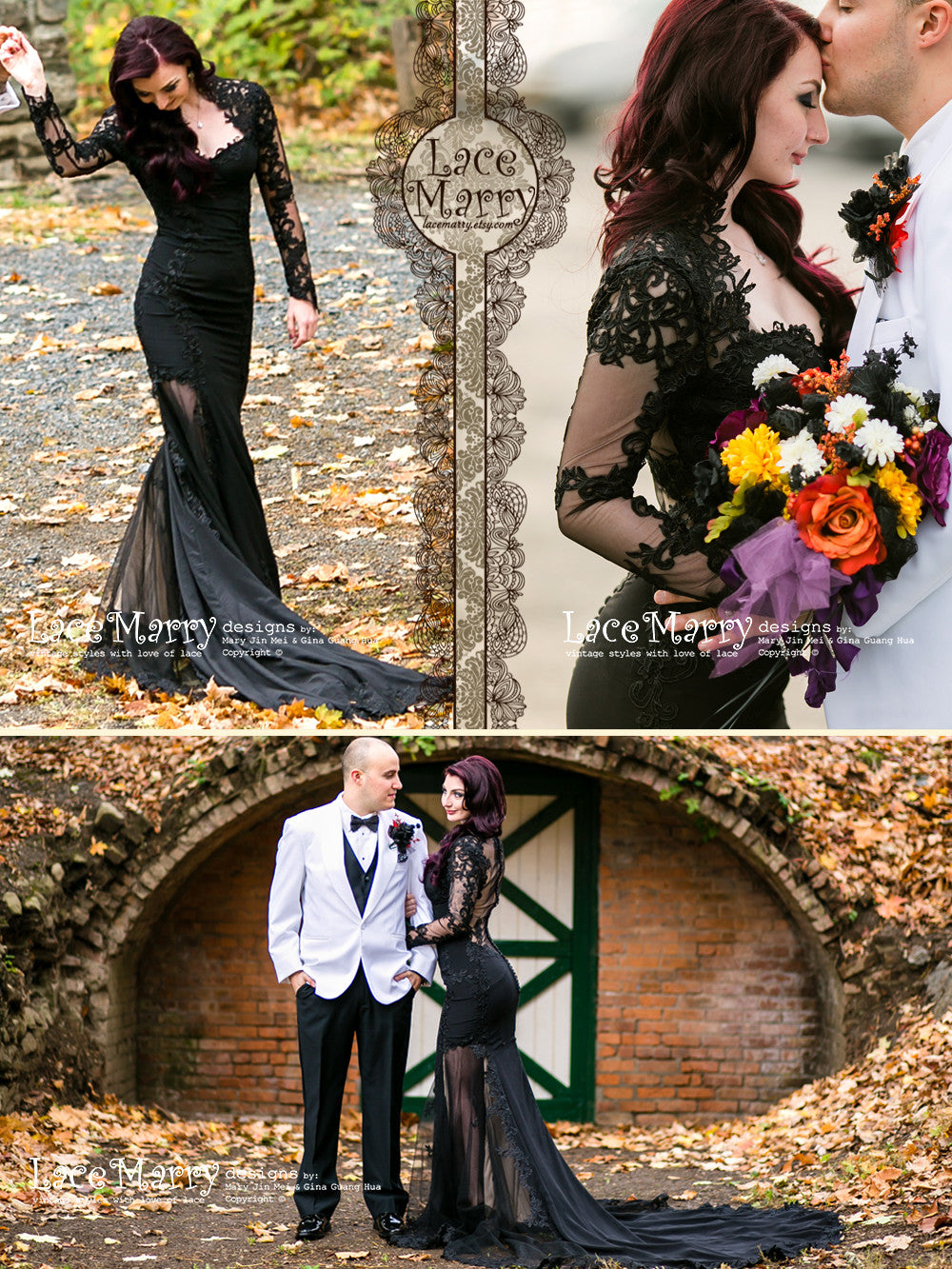 Black Lace Wedding Dress with Sexy Sheer Open Back and Long Sleeves - LaceMarry Black Lace Wedding Dress with Sexy Sheer Open Back and Long Sleeves - LaceMarry