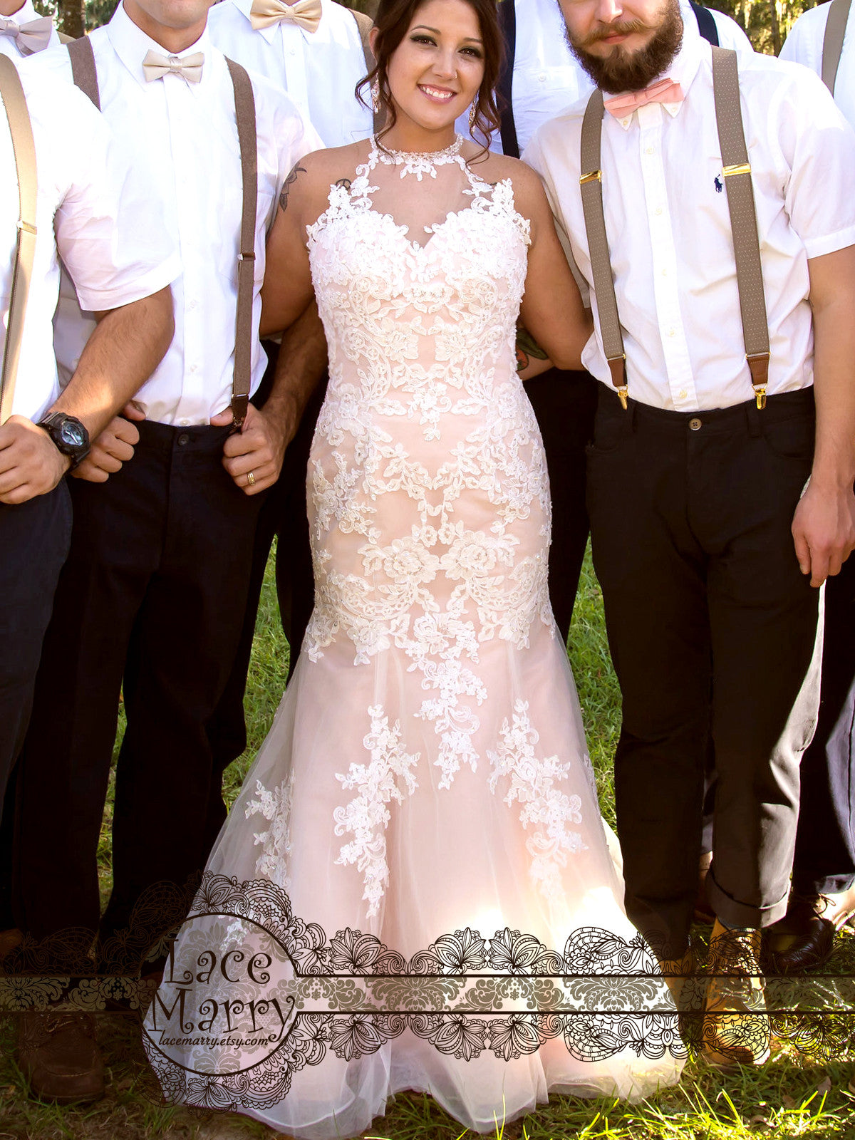 Blush Wedding Dress with Halter Neckline and Sheer Lace Back - LaceMarry Blush Wedding Dress with Halter Neckline and Sheer Lace Back - LaceMarry