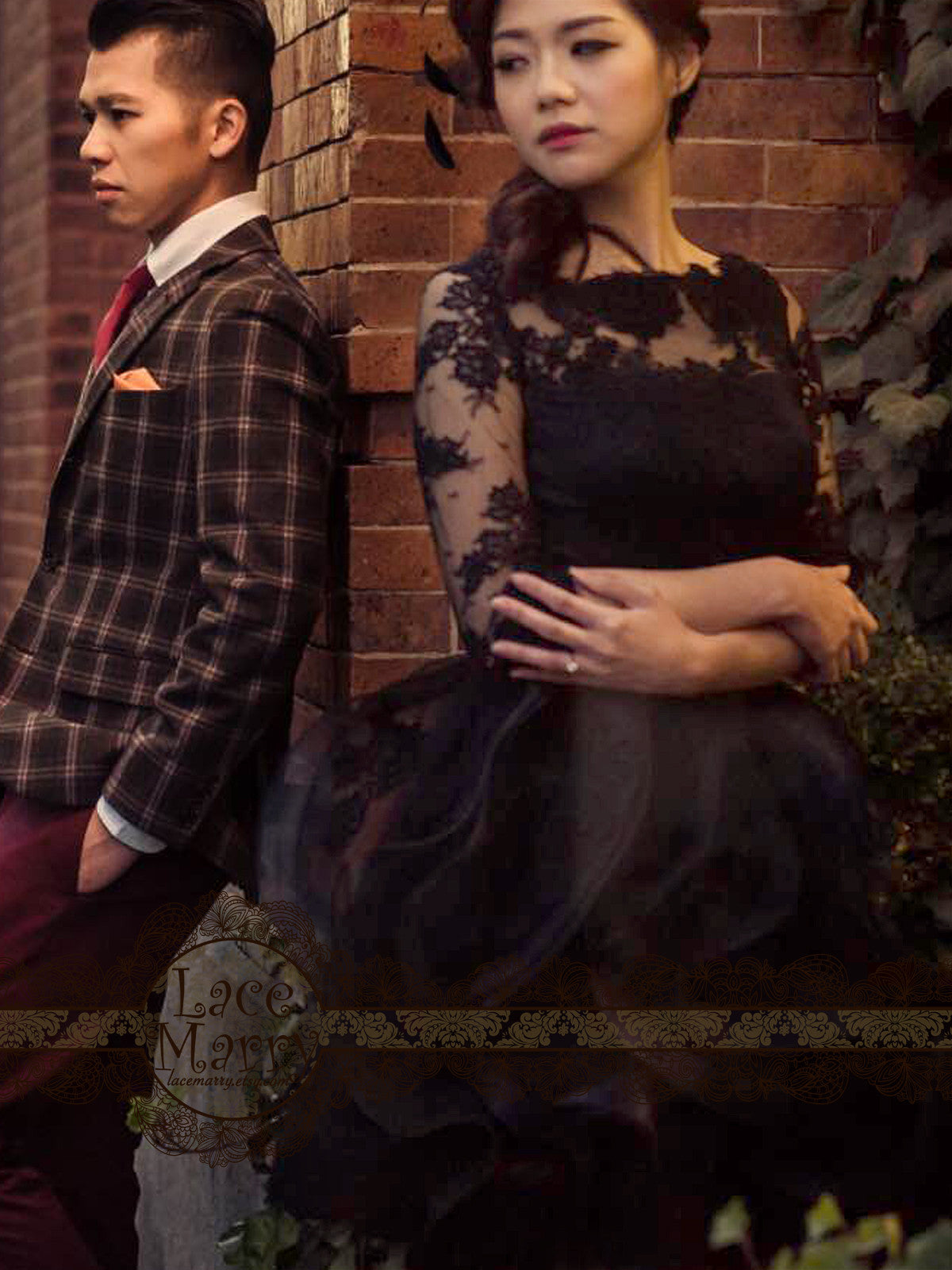 Short Evening Dress with Long Lace Sleeves