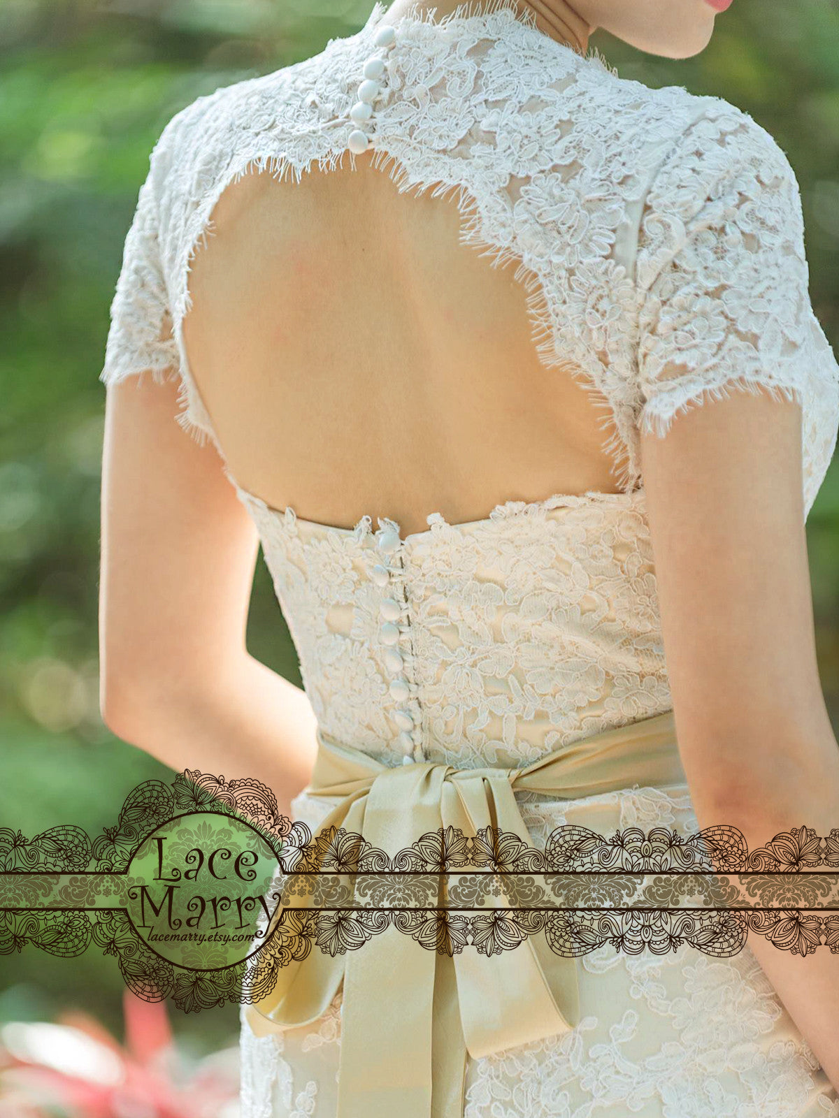 Cream Lace Wedding Dress with Illusion V Neckline with Sweetheart
