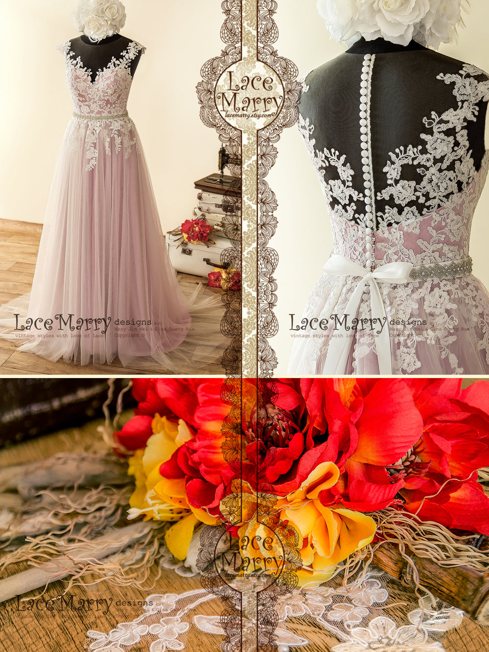 Bohemian Wedding Dress with Lilac Underlay 
