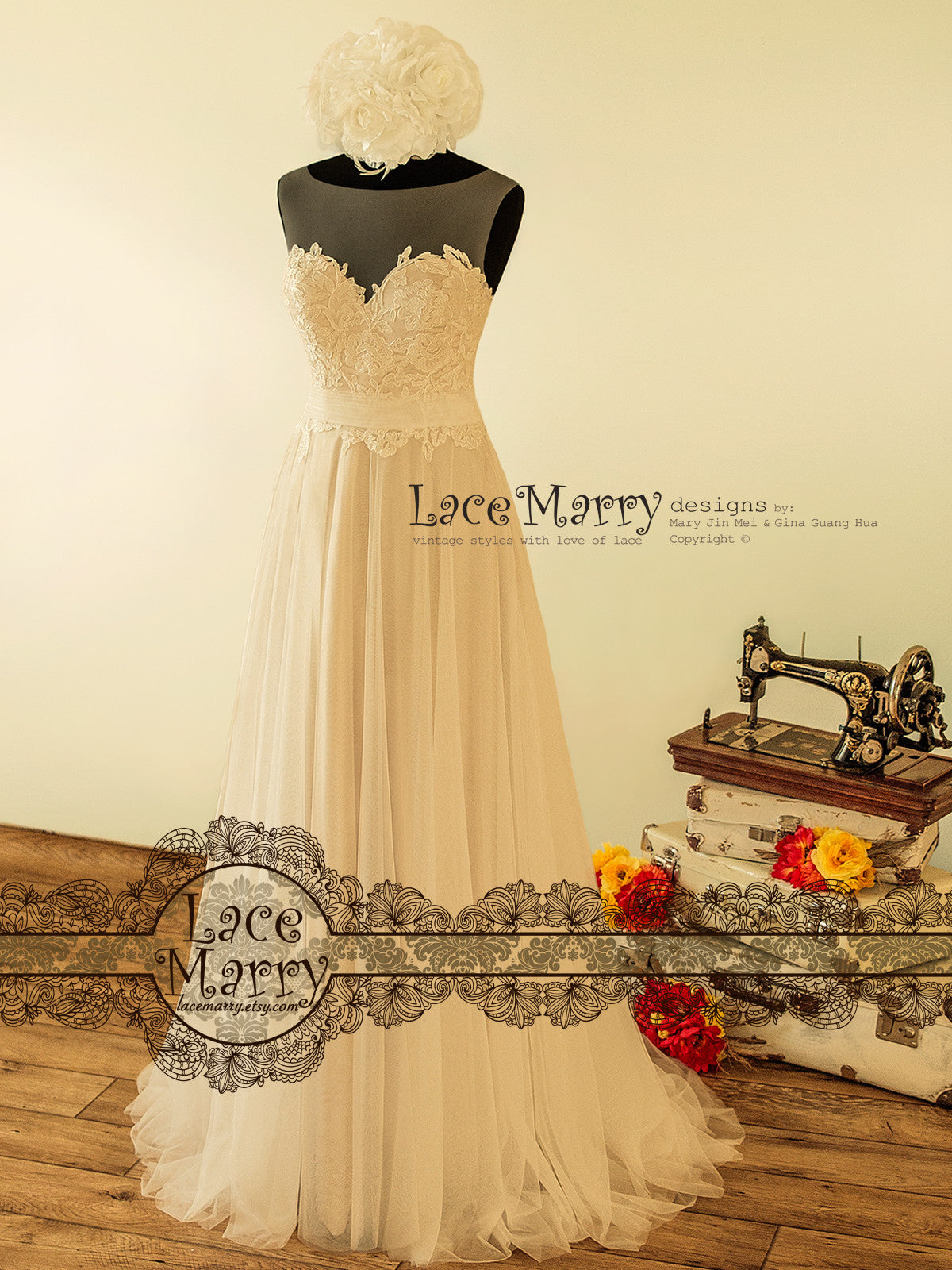 Romantic Sheer Neckline Boho Wedding Dress - LaceMarry Romantic Sheer Neckline Boho Wedding Dress - LaceMarry