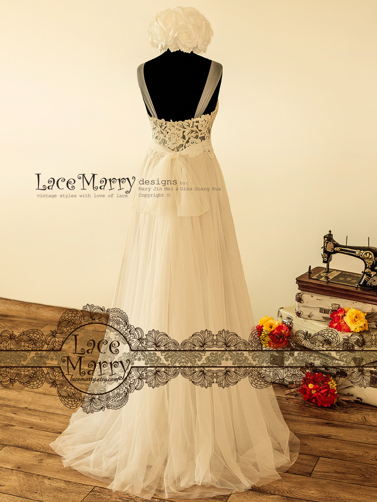 Sheer Open Back Ivory Lace Wedding Dress